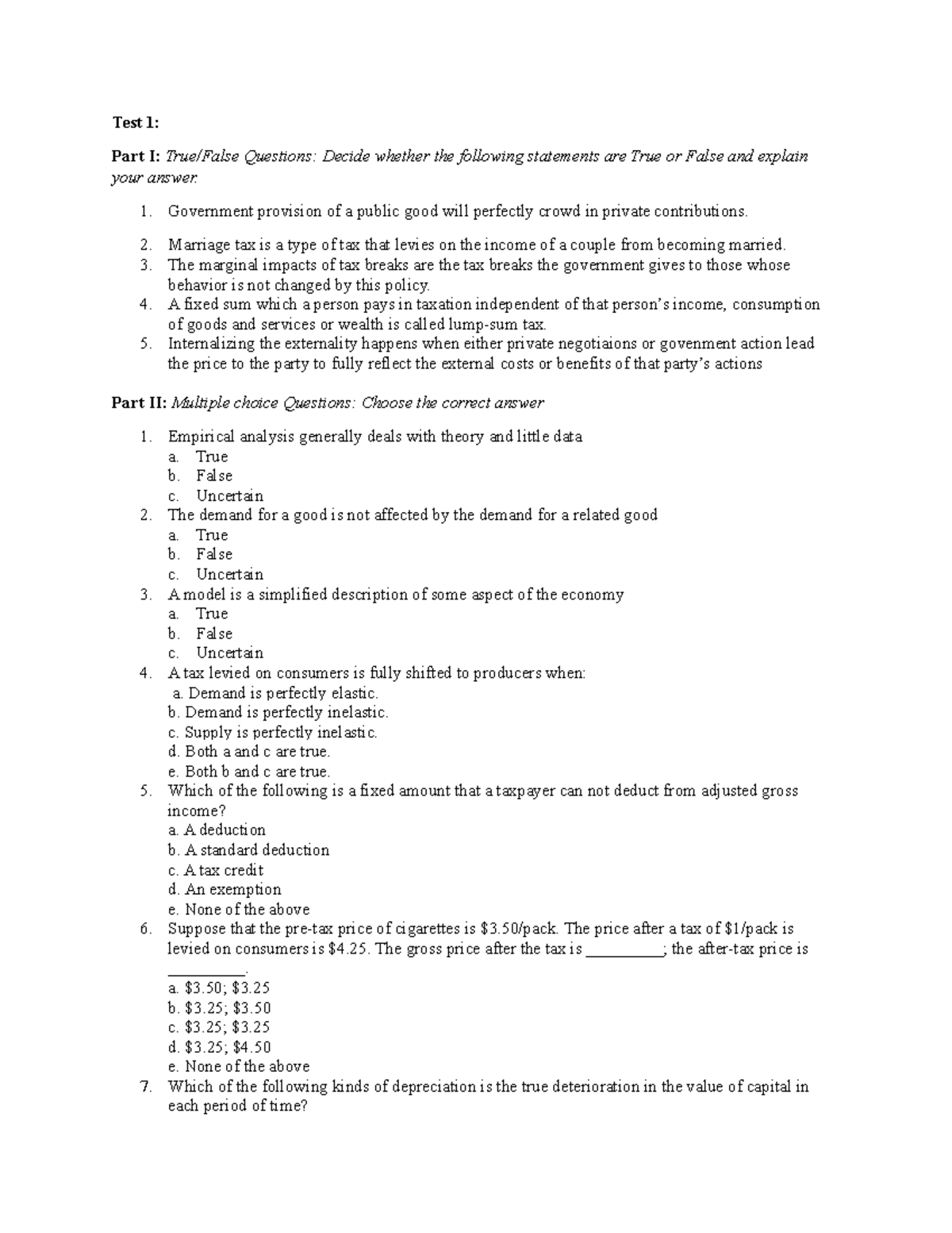 Public Finance - Midterm Test 1 Review and Practice Questions - Studocu