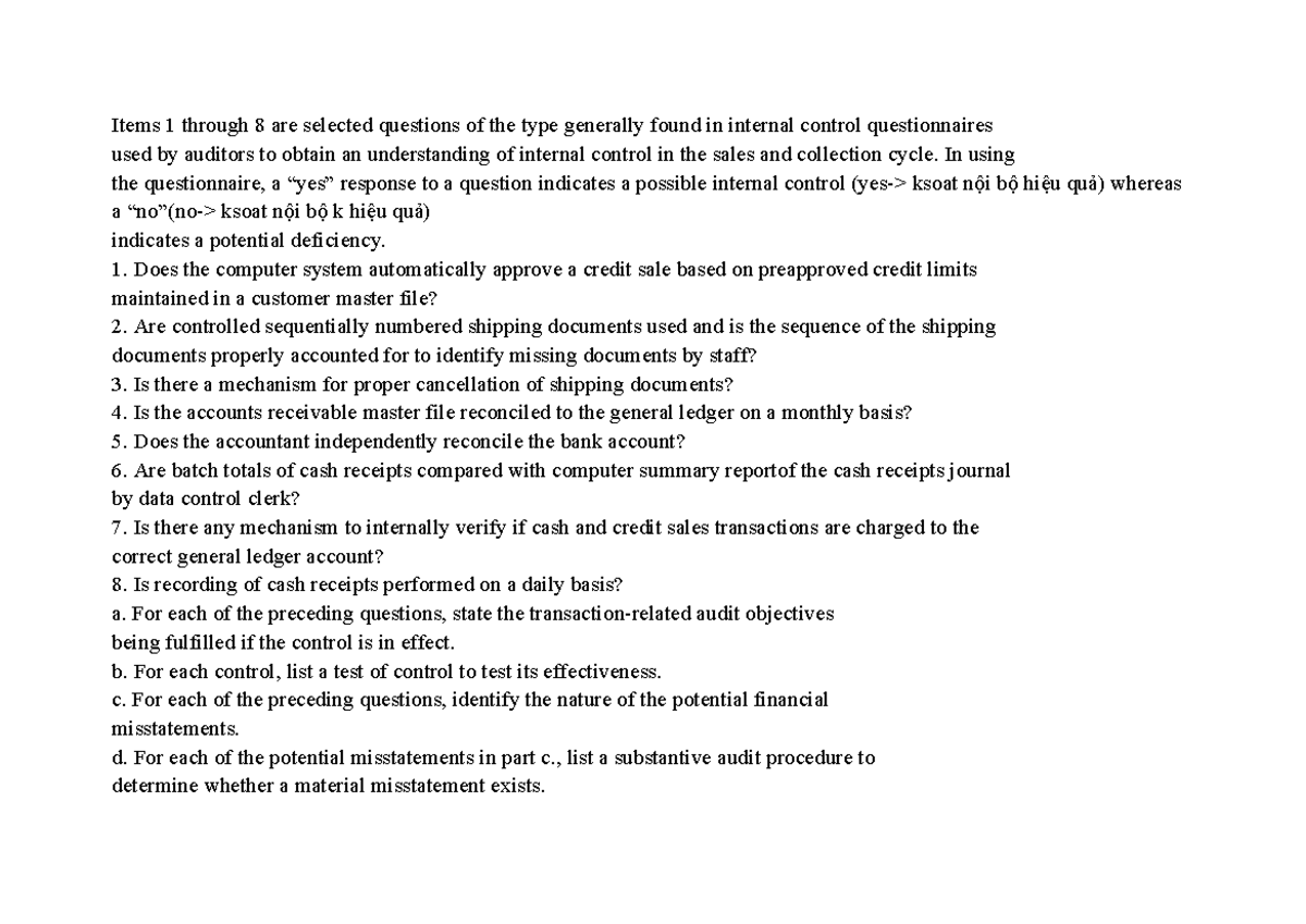 Test of Control Questions for Internal Control in Sales Cycle (ACCT 301 ...