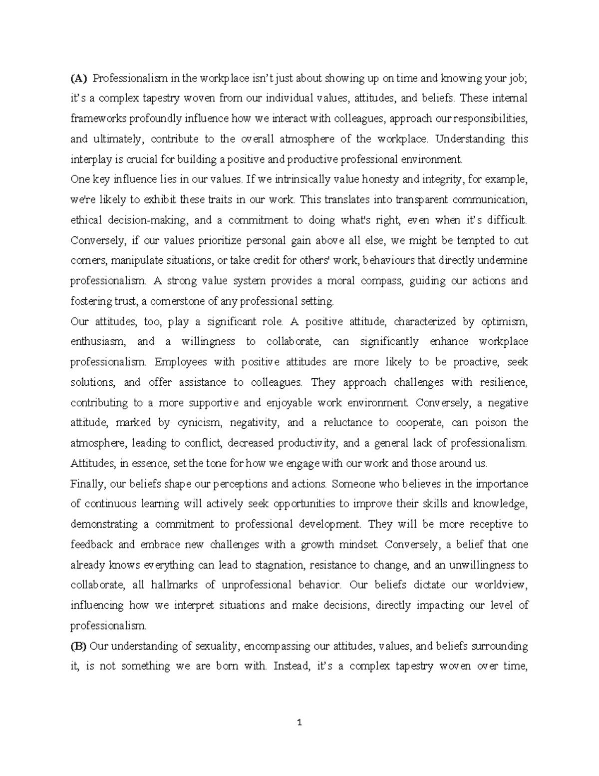 Professionalism in the Workplace: Values, Attitudes, and Beliefs - Studocu