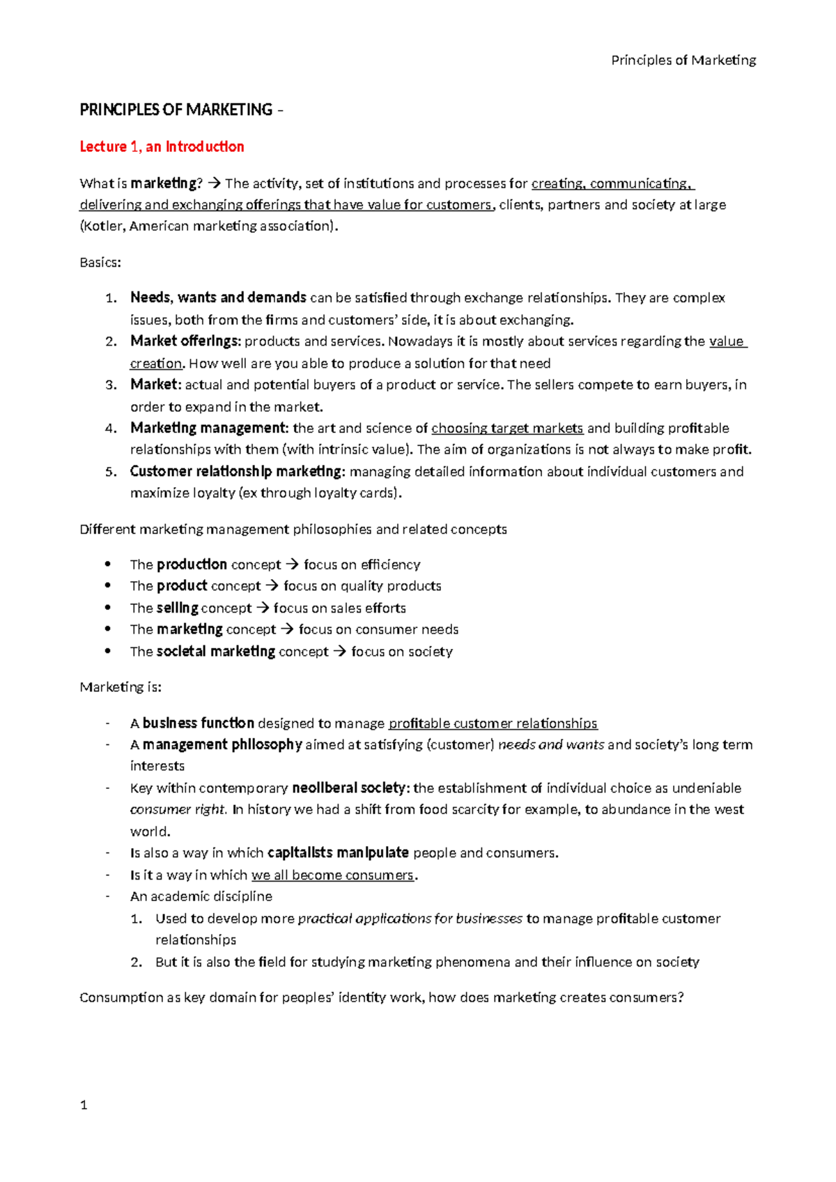 Principles of Marketing SU: Lecture Notes and Key Concepts Summary ...