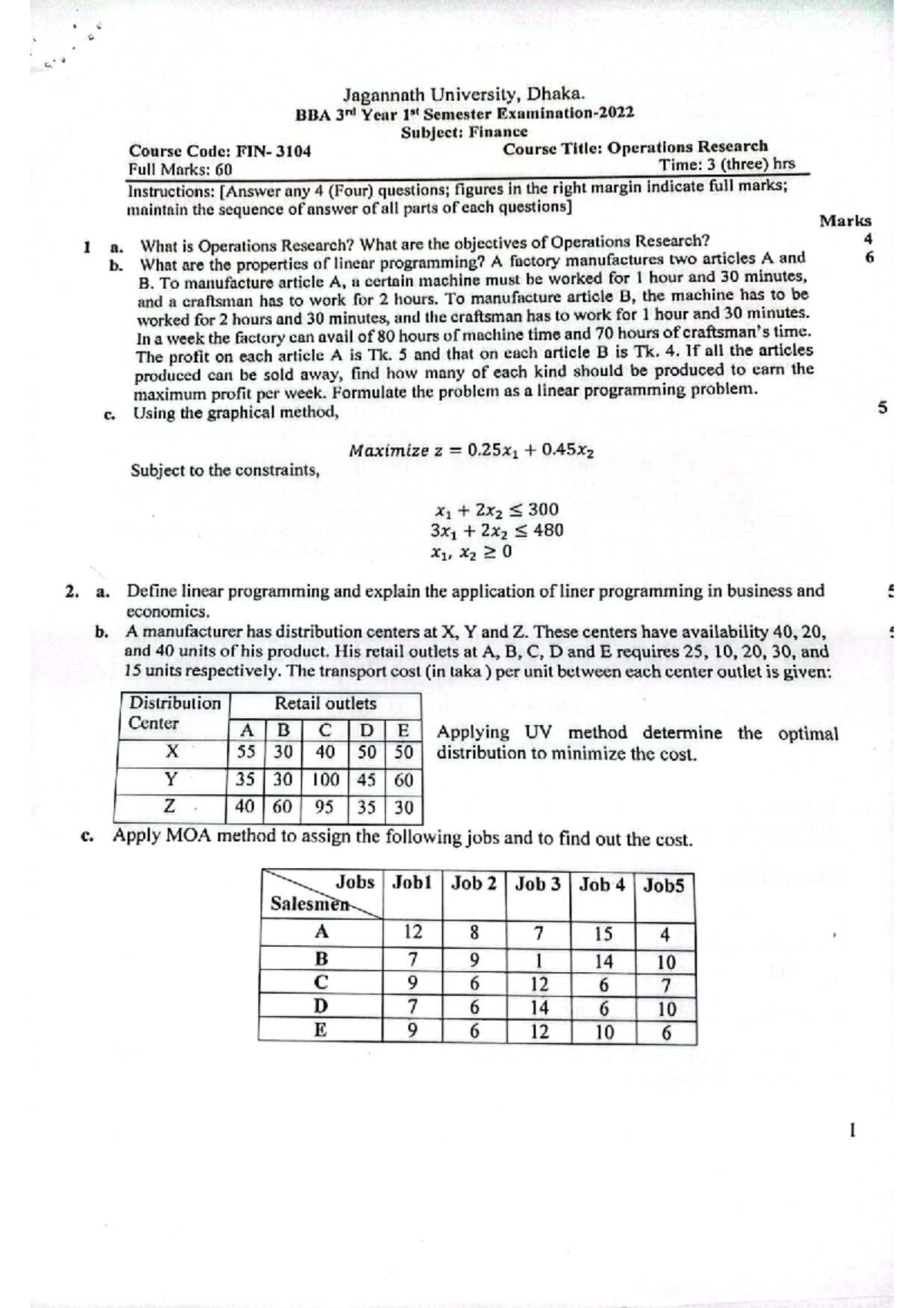 Operations Research Question Bank - BBA 3rd Year, Course Code: 3104 ...