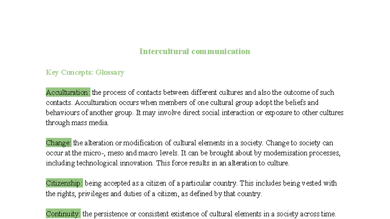 Core 3 - Intercultural Communication Key Concepts Glossary - Studocu
