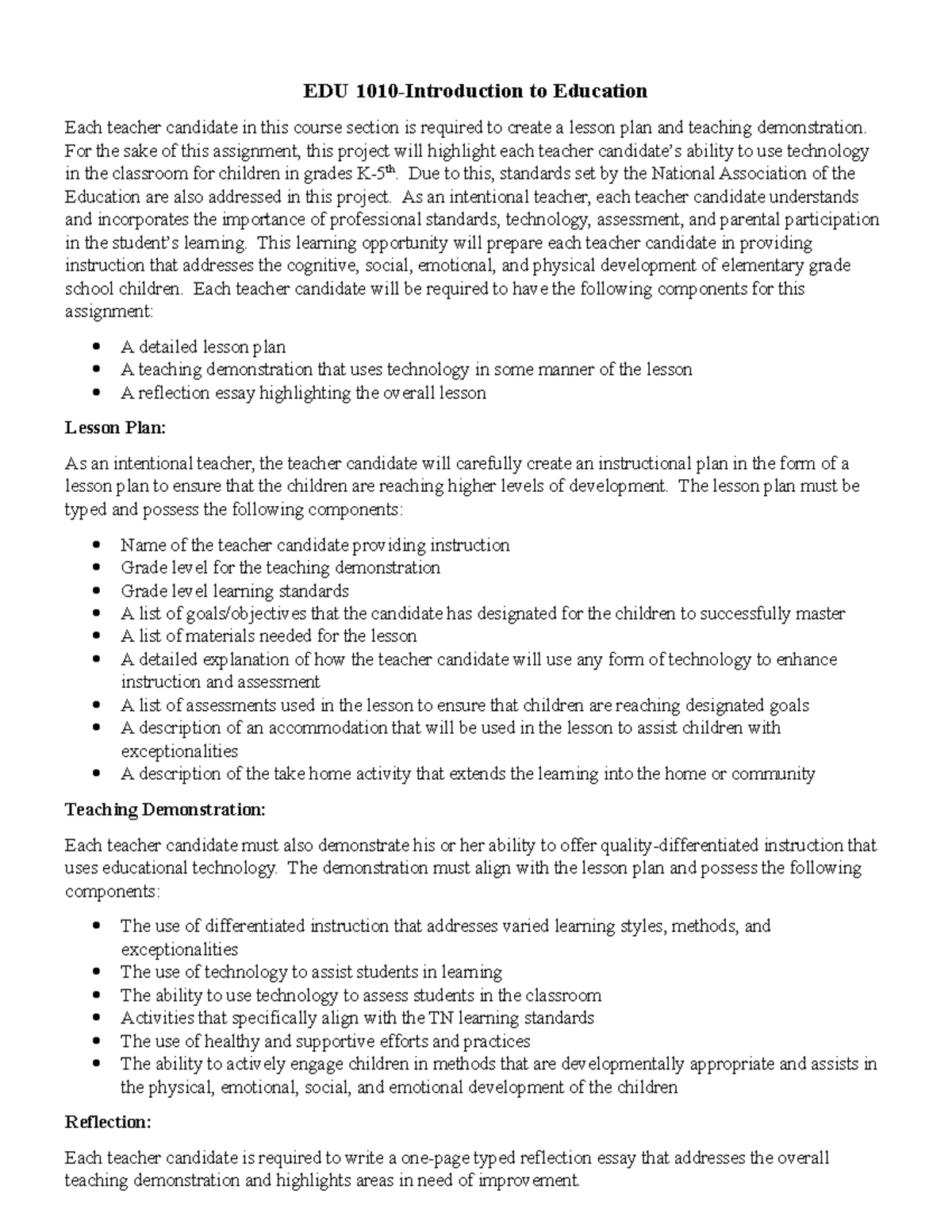 EDU 1010 Lesson Plan & Teaching Demo Assessment (8-15-21) - Studocu