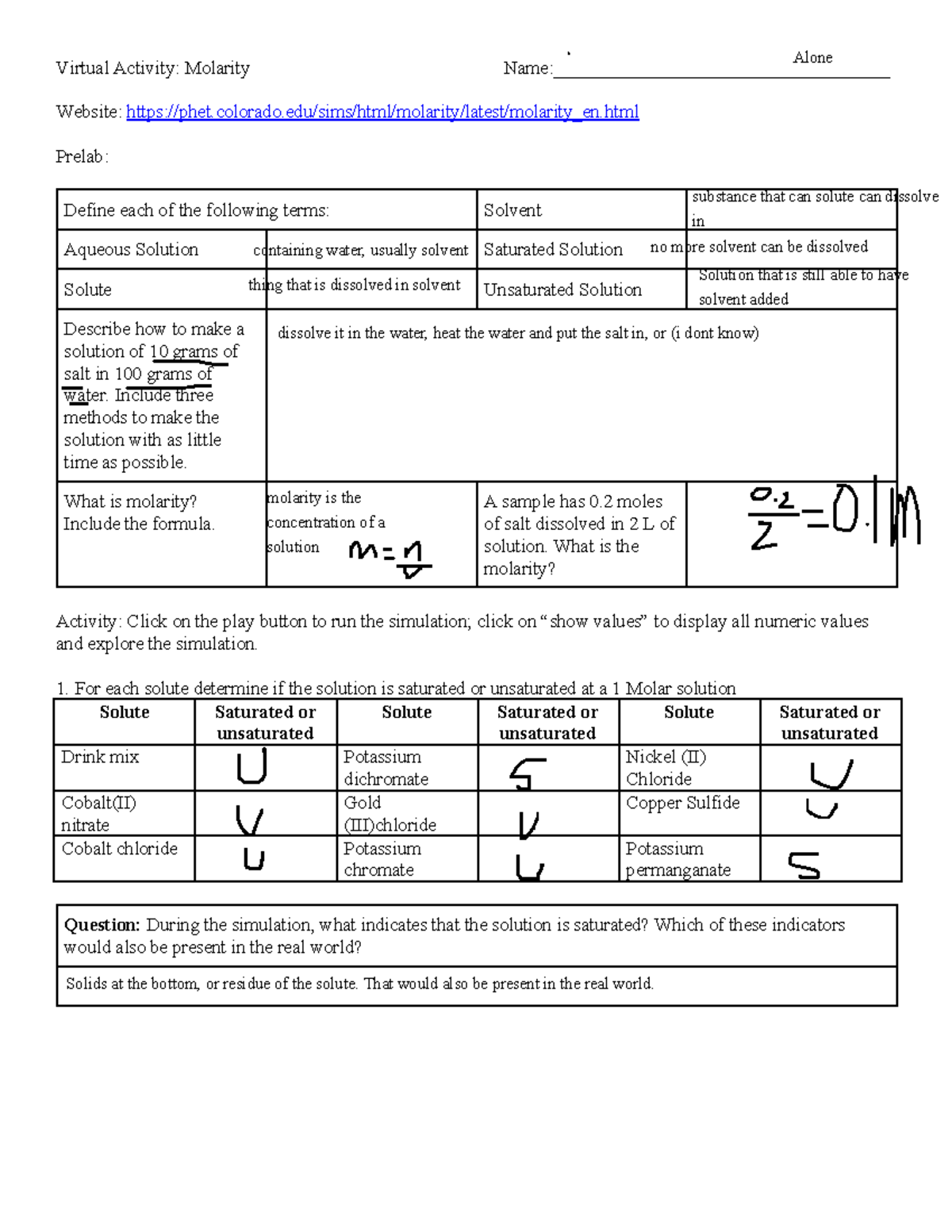 Molarity Simulation Prelab and Activity - Chem DR H - Studocu
