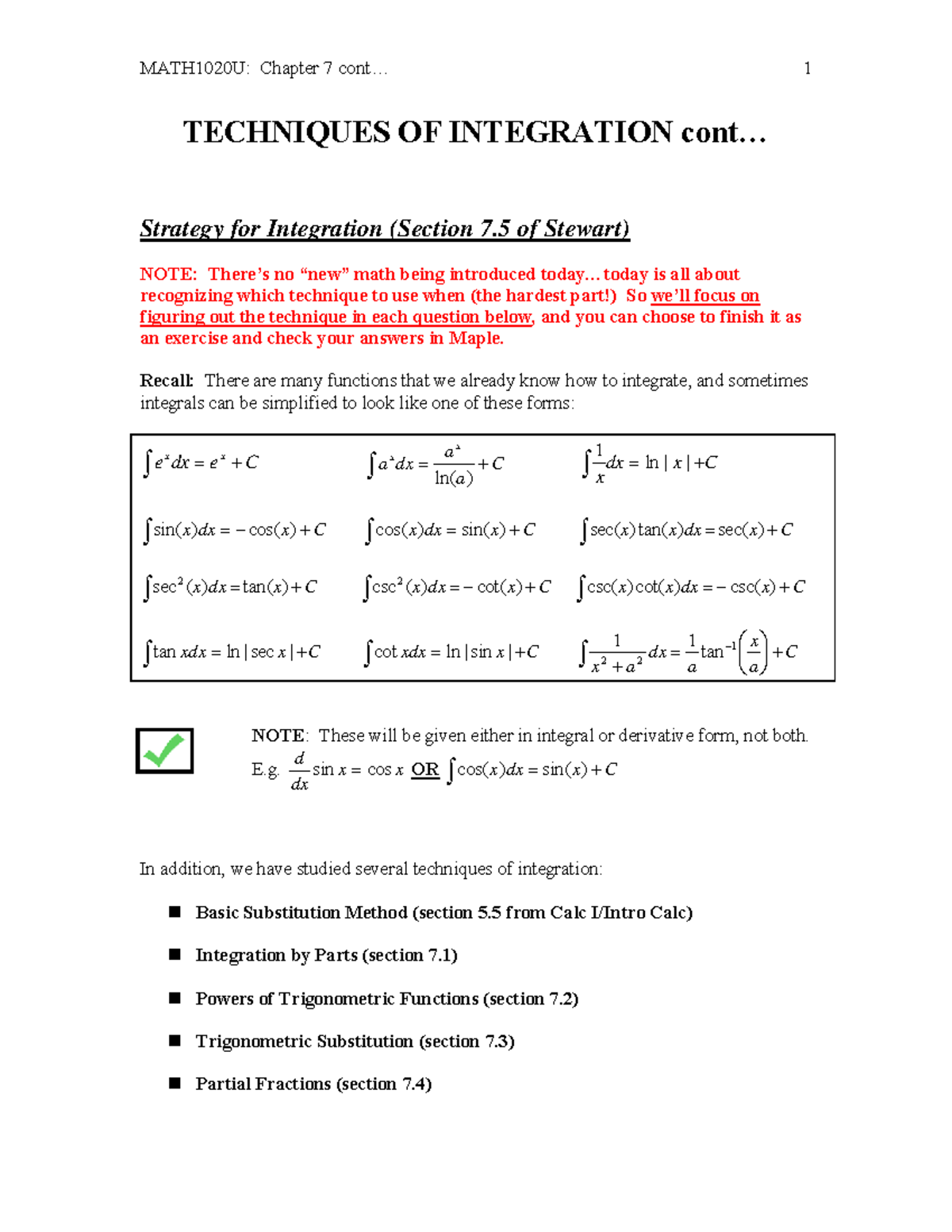 MATH1020U: Chapter 7 Integration Techniques Strategy Guide - Studocu
