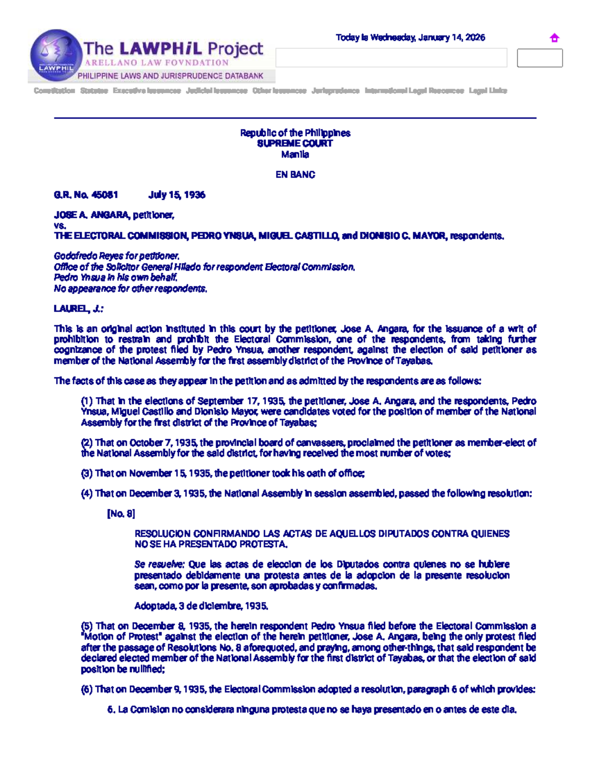 G.R. No. 45081: Jose A. Angara vs. The Electoral Commission Case Study ...
