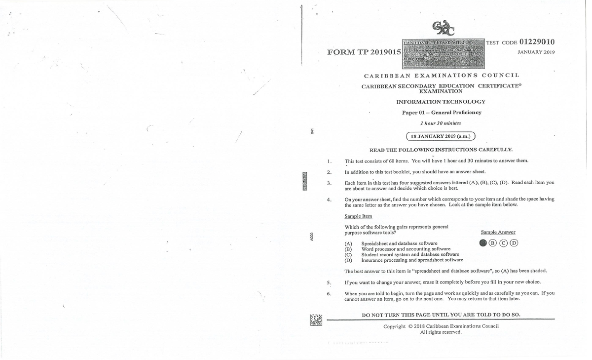 Jan 2019 CSEC IT Paper 01 General Proficiency Exam Guide - Studocu