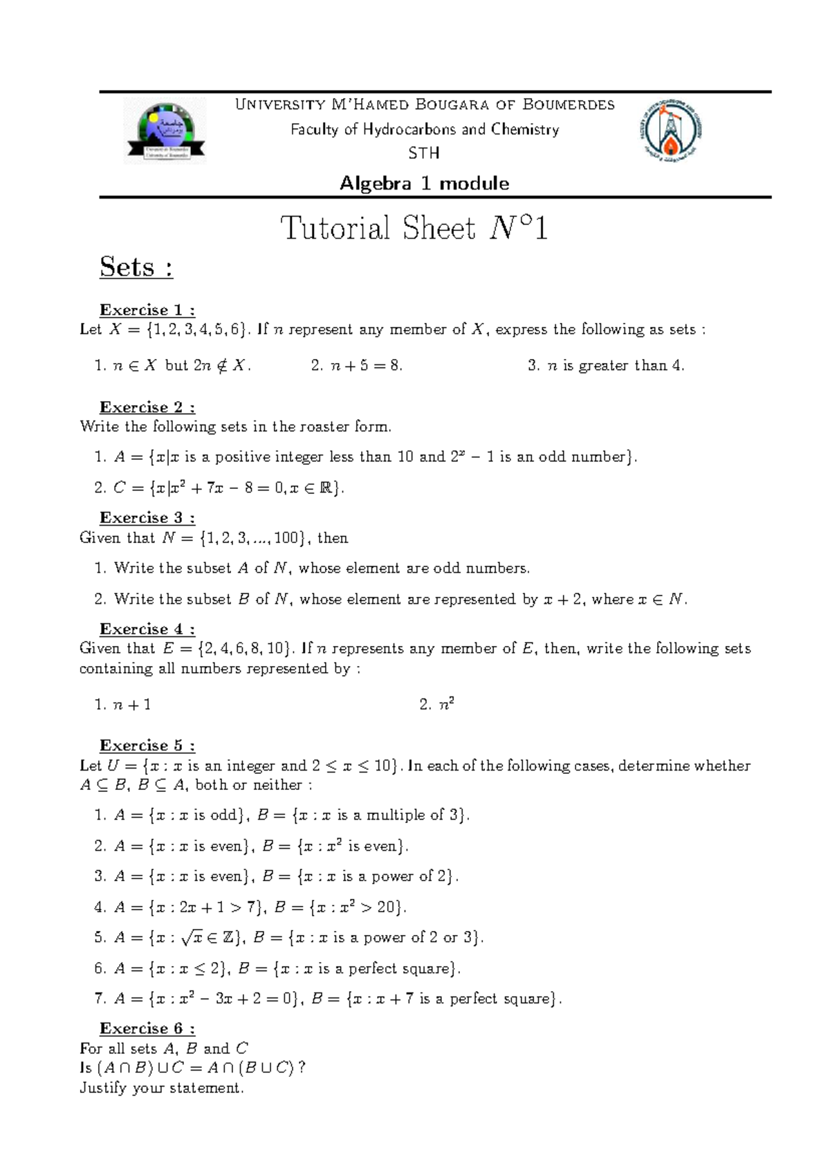 STH Algebra 1 Module Tutorial Sheet N: Set Exercises and Relations ...