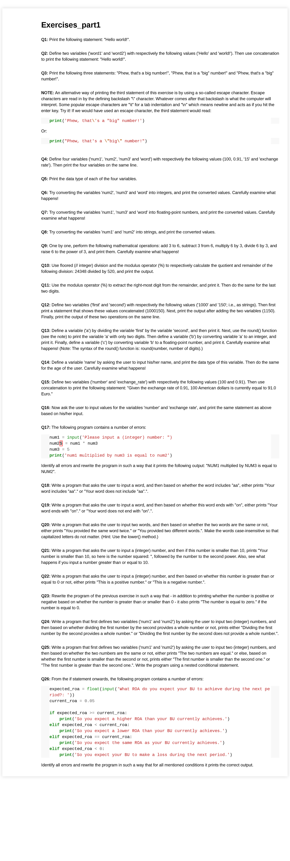 Exercises Part 1: Week 1 Coding Skills Tasks & Solutions - Studeersnel