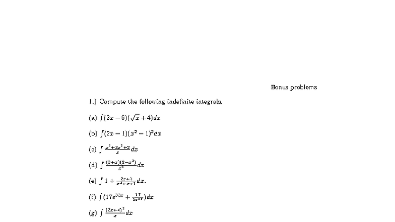 Bonus Problems: Indefinite & Definite Integrals (Math 101) - Studocu