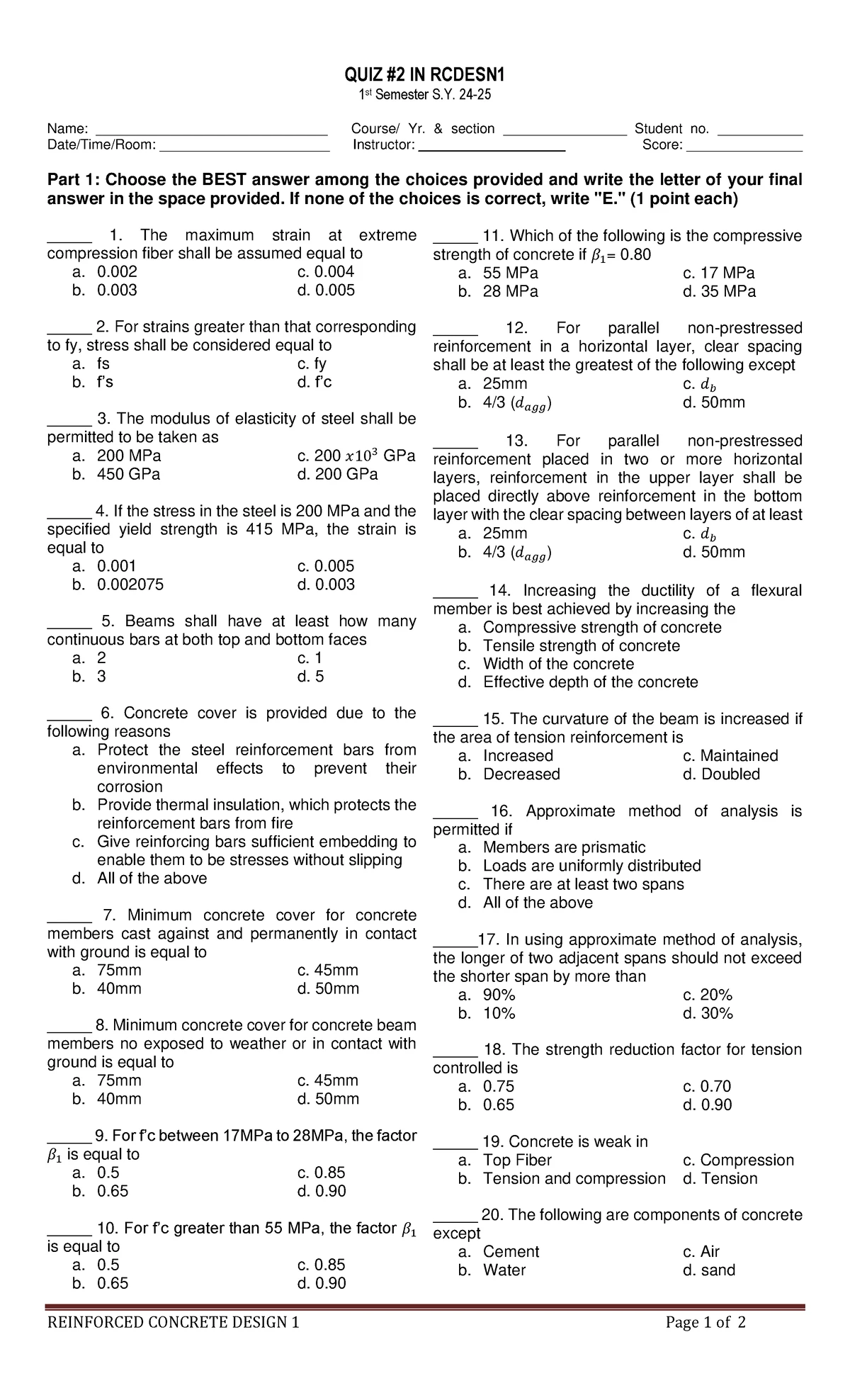 RCDESN 1 - Quiz 3: Exam Questions & Design Problems Overview - Studocu