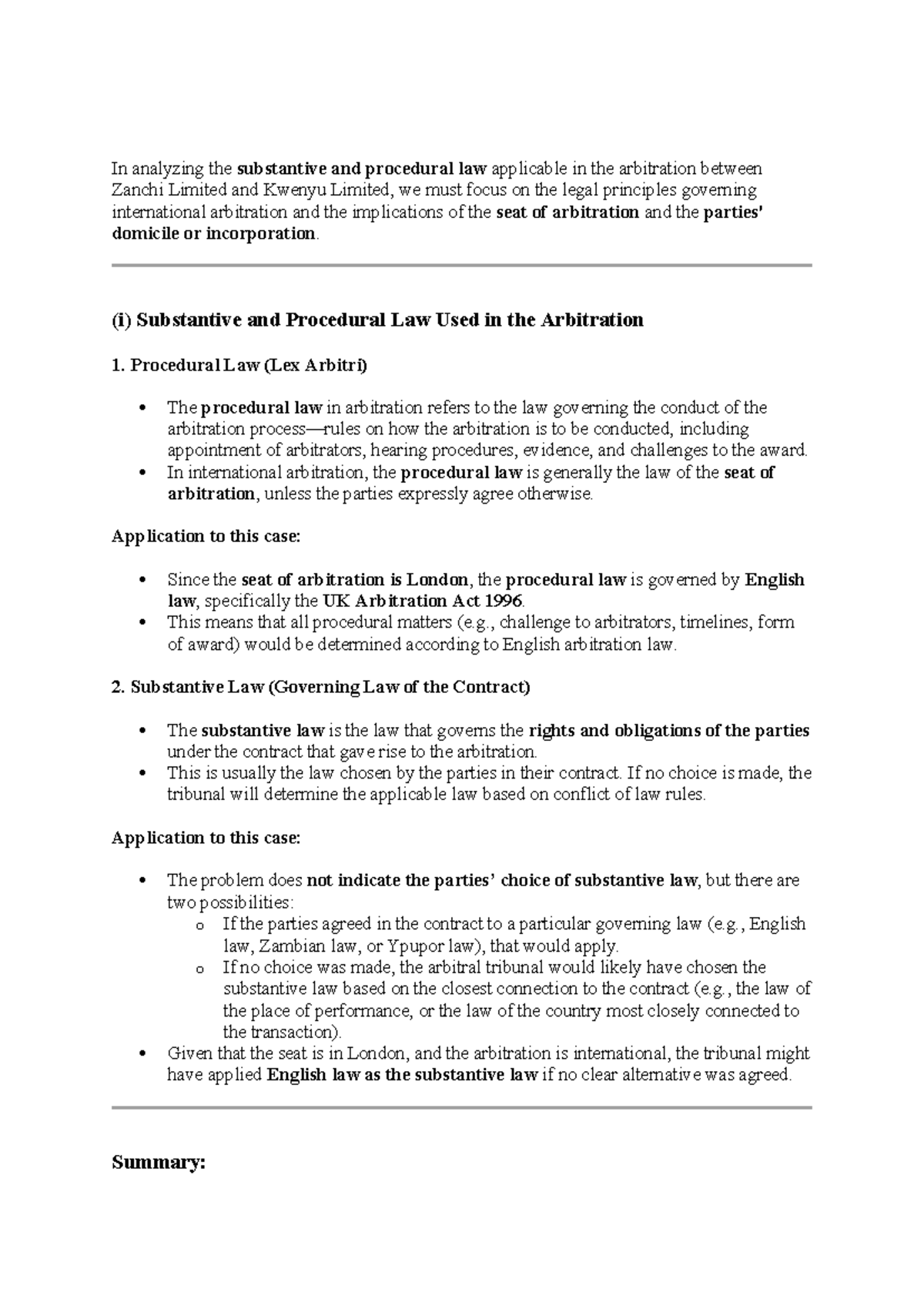 Analysis of Substantive and Procedural Law in Arbitration: Zanchi Ltd ...
