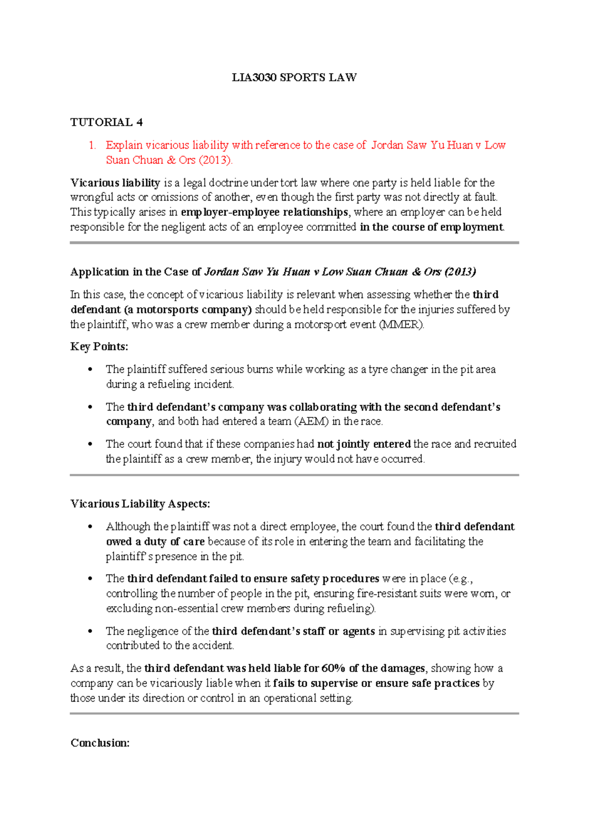 LIA3030 SPORTS LAW TUTORIAL 4: Vicarious Liability & Case Analysis ...