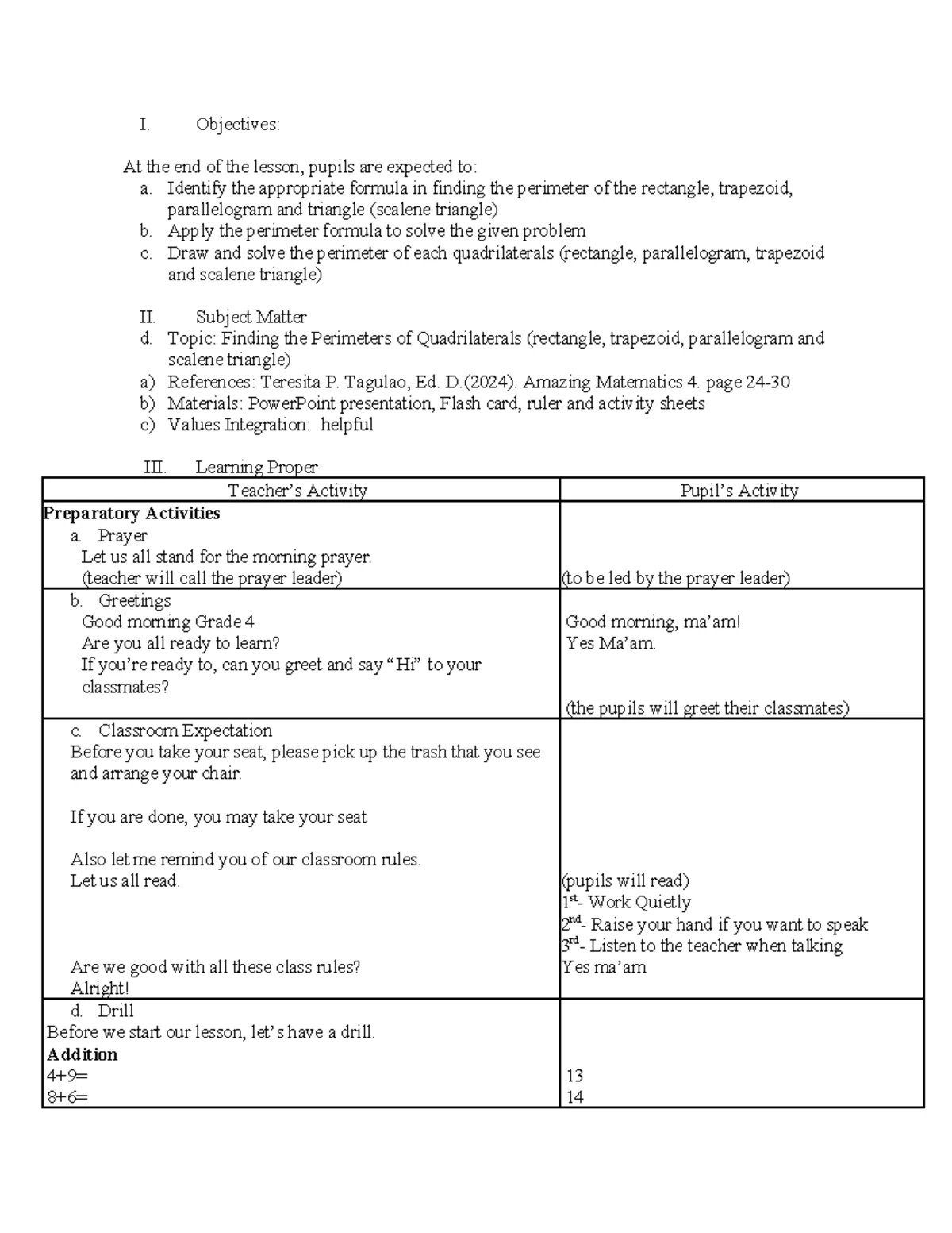 Lesson Plan Math-4 (detailed 3) - I. Objectives: At the end of the ...