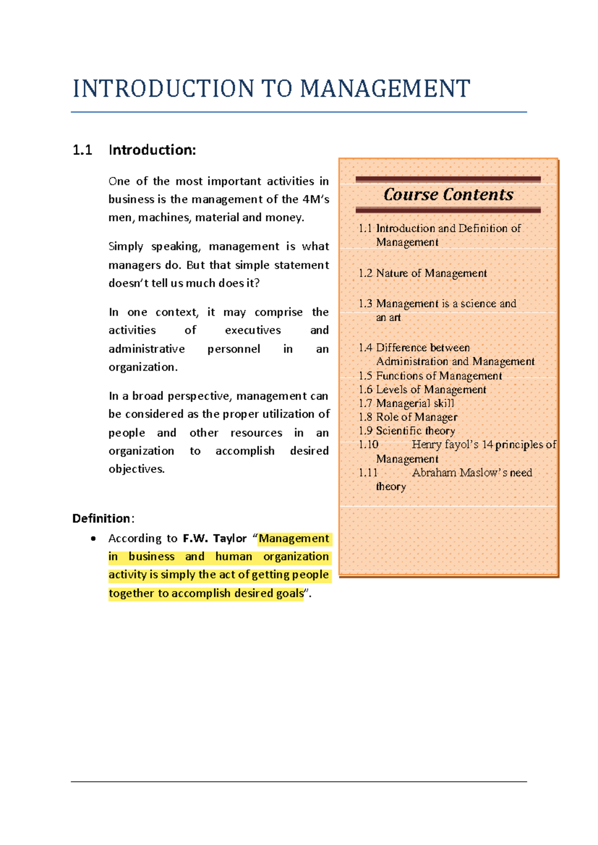 Principles of Management (Course Code: MAN 101) - Lecture Notes Summary ...