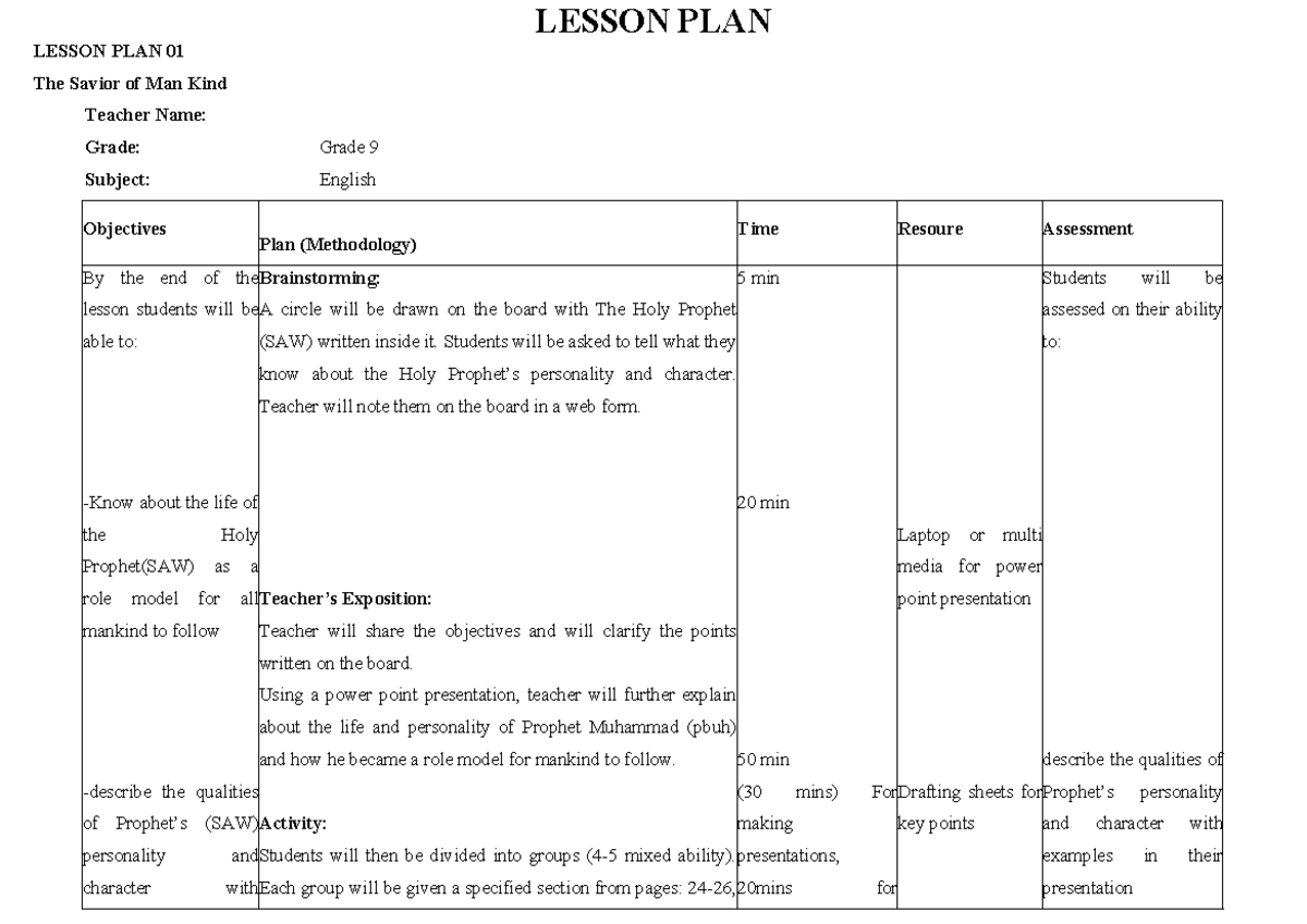 Lesson Plan (Islamiat, Math) Class 9 (02) LESSON PLAN 01 The Savior