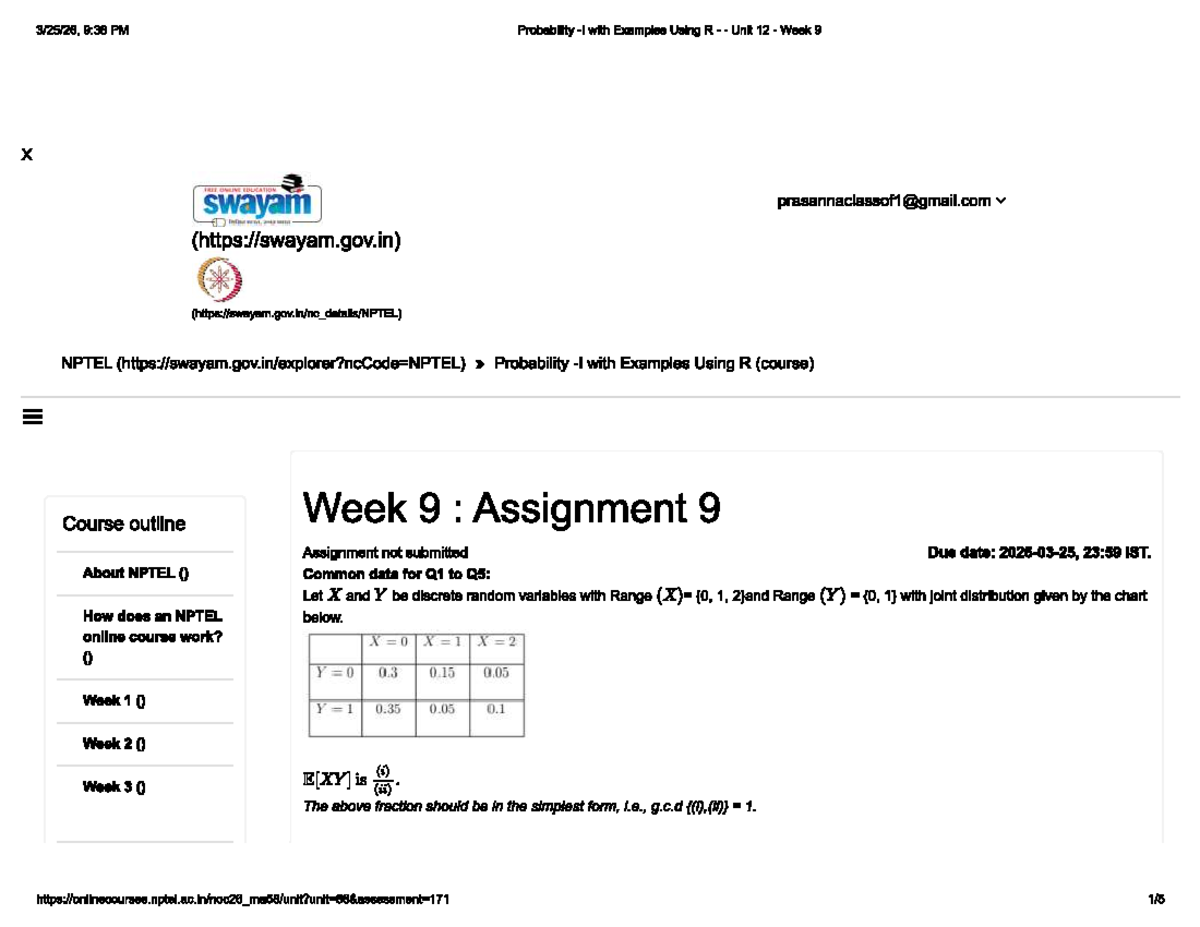 NPTEL Probability with Examples Using R: Assignment 9 (Unit 12, Week 9 ...