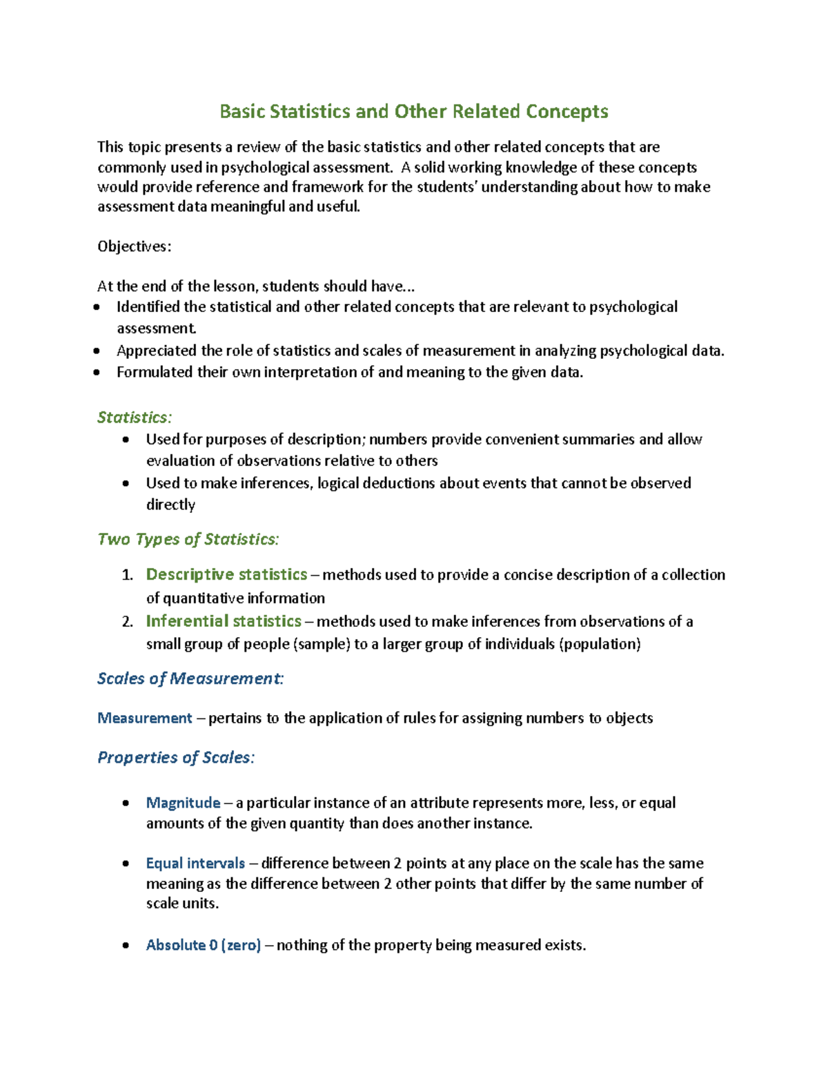 02 Basic Stats & Concepts for Psychological Assessment - Studocu