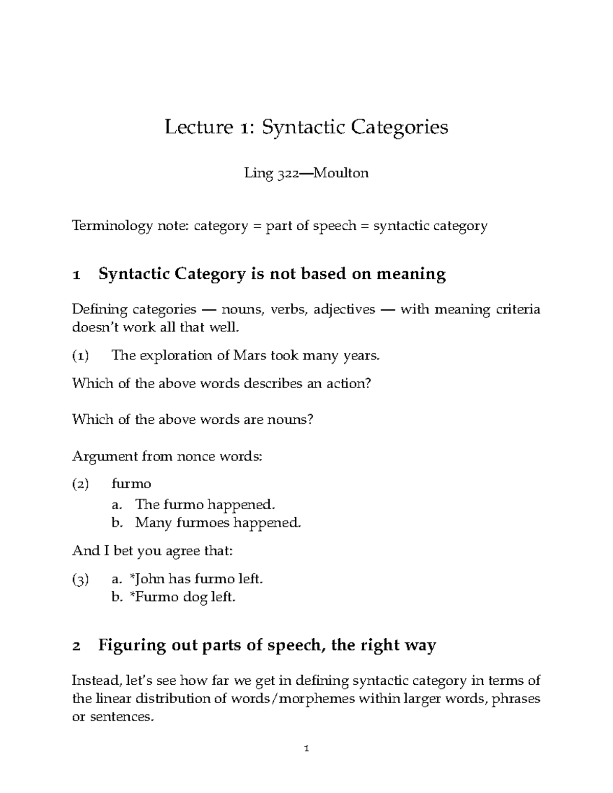 Lecture 1 Notes: Syntactic Categories Overview - Ling 322 - Studocu