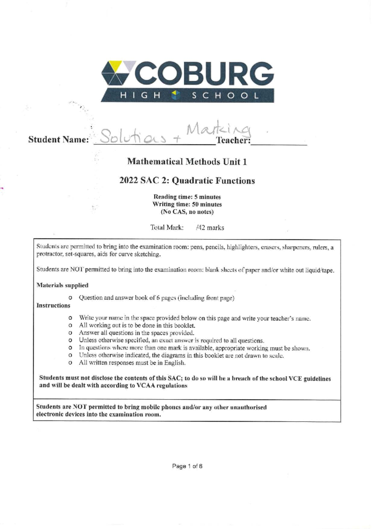 Mathematical Methods Unit 1 2022 SAC 2: Quadratic Functions Solutions ...