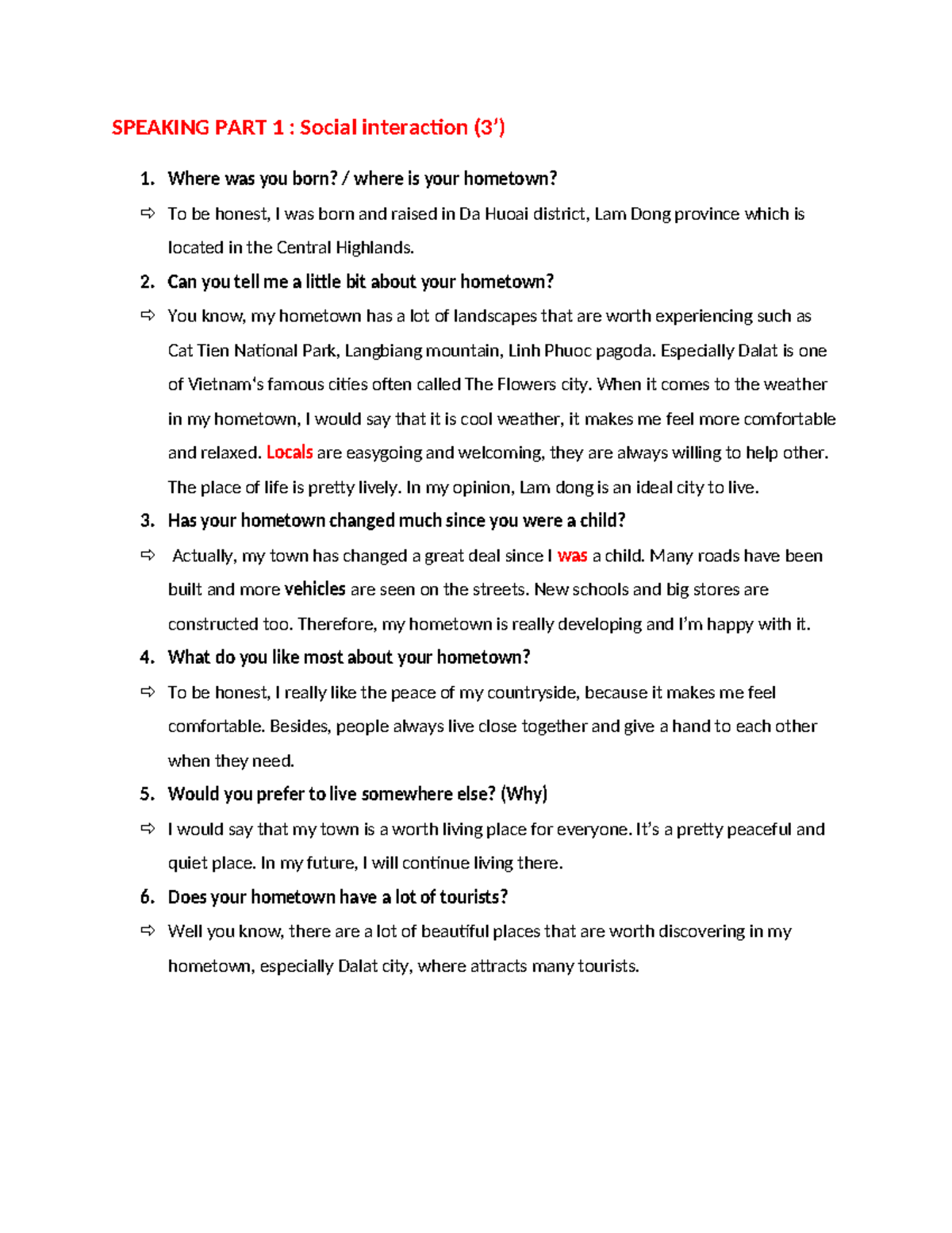 Speaking for part 1 - SPEAKING PART 1 : Social interaction (3’) 1 ...