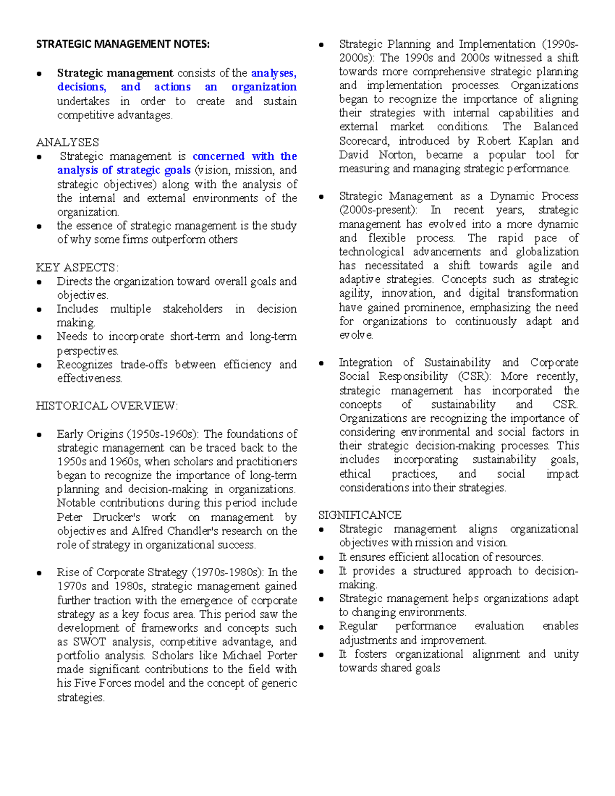 Prelim Exam Notes - STRATEGIC MANAGEMENT NOTES: Strategic management ...