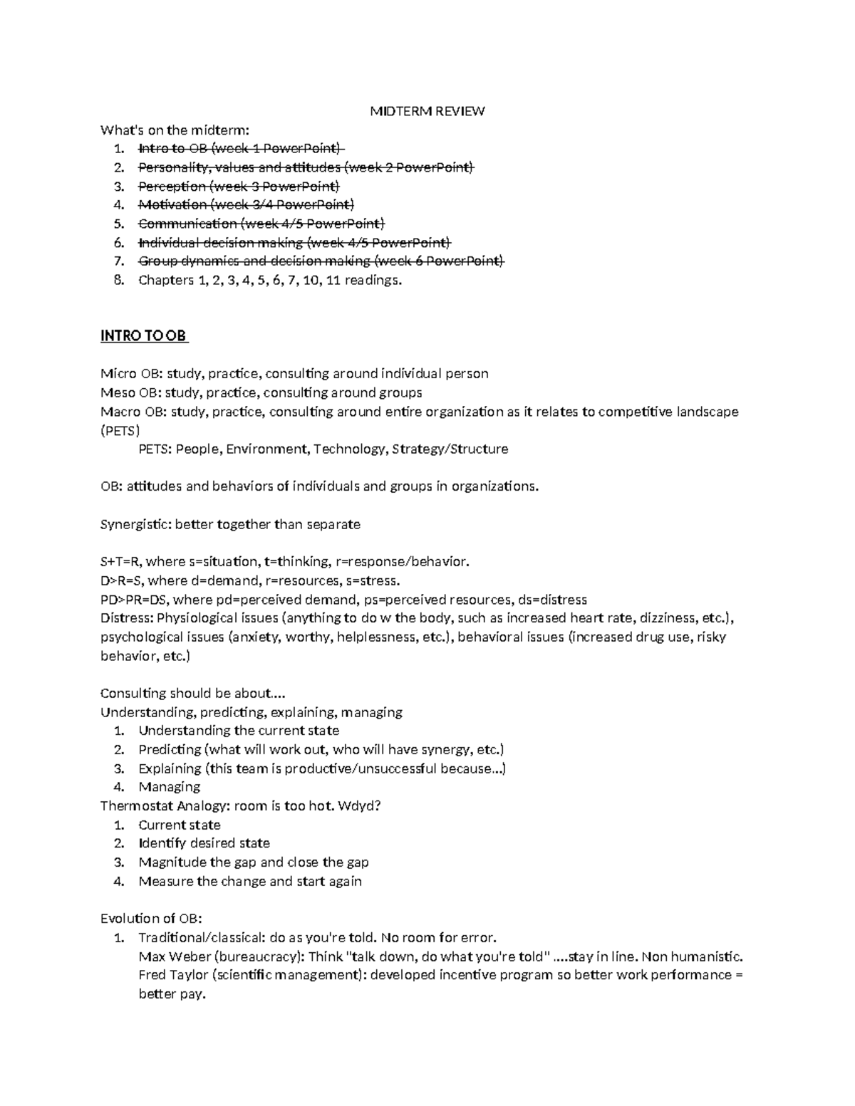 MIDTERM REVIEW: Organizational Behavior (OB) Concepts and Theories ...