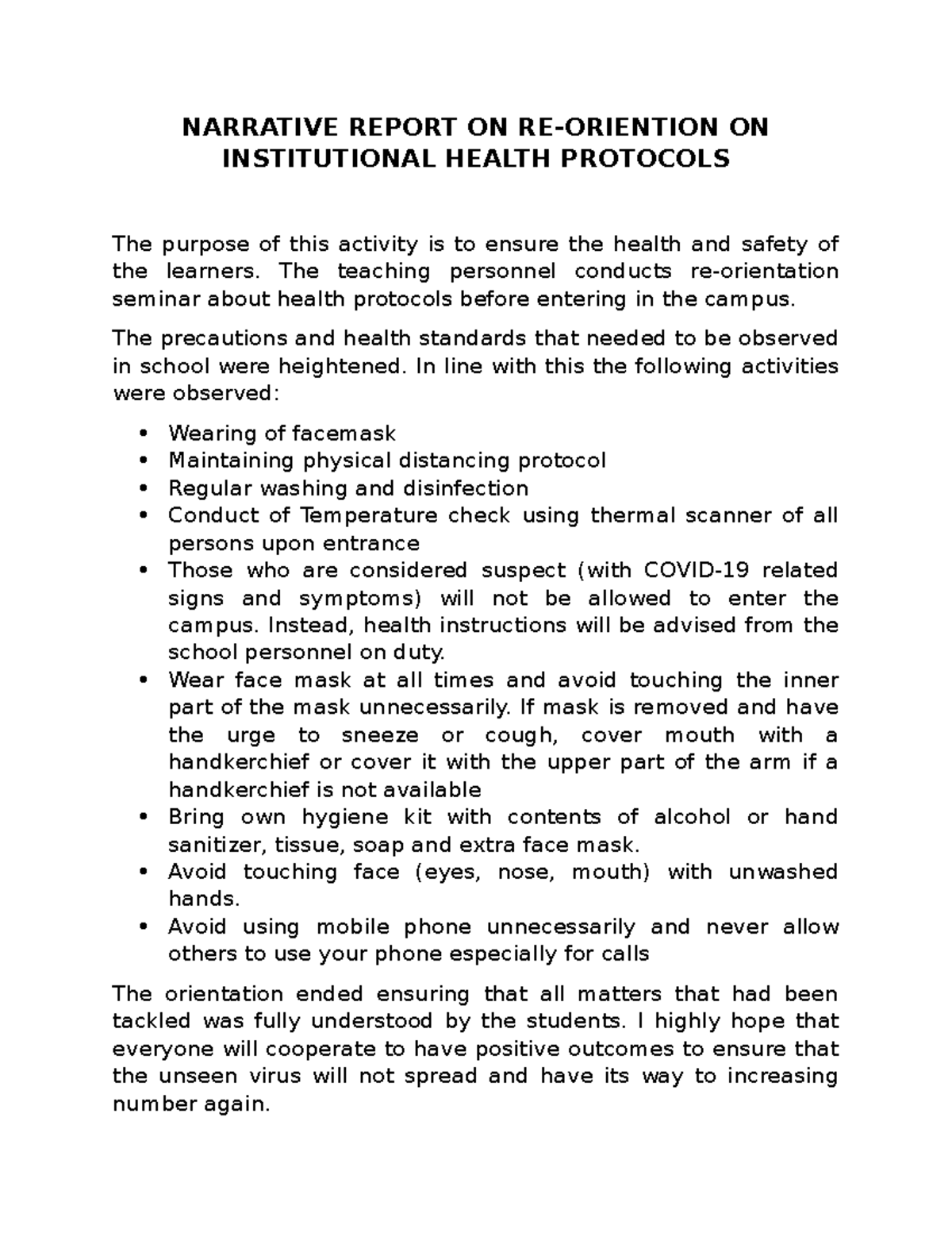 Narrative Report on Institutional Health Protocols - RE Lecture - Studocu