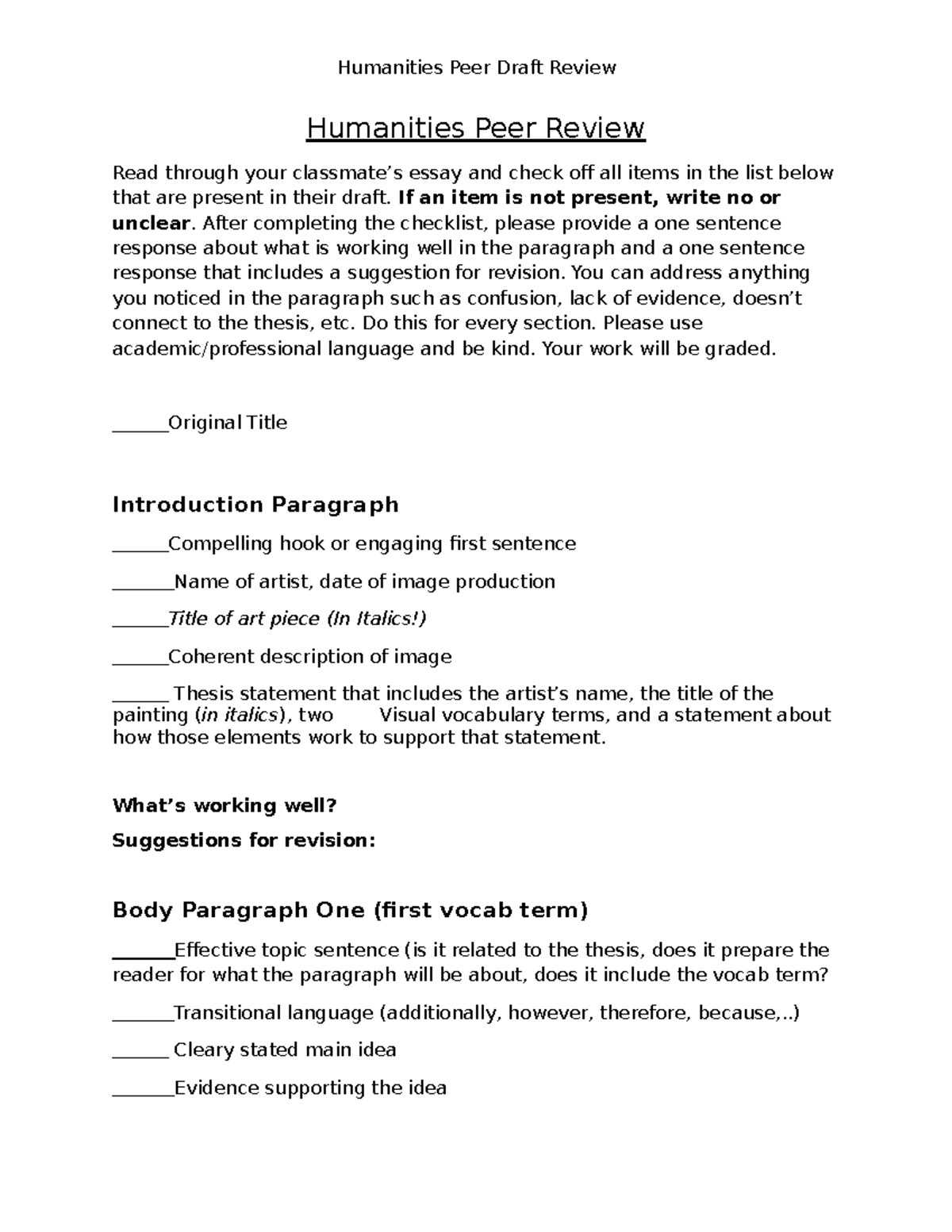 Humanities Peer Review Checklist for Essay Draft - Studocu