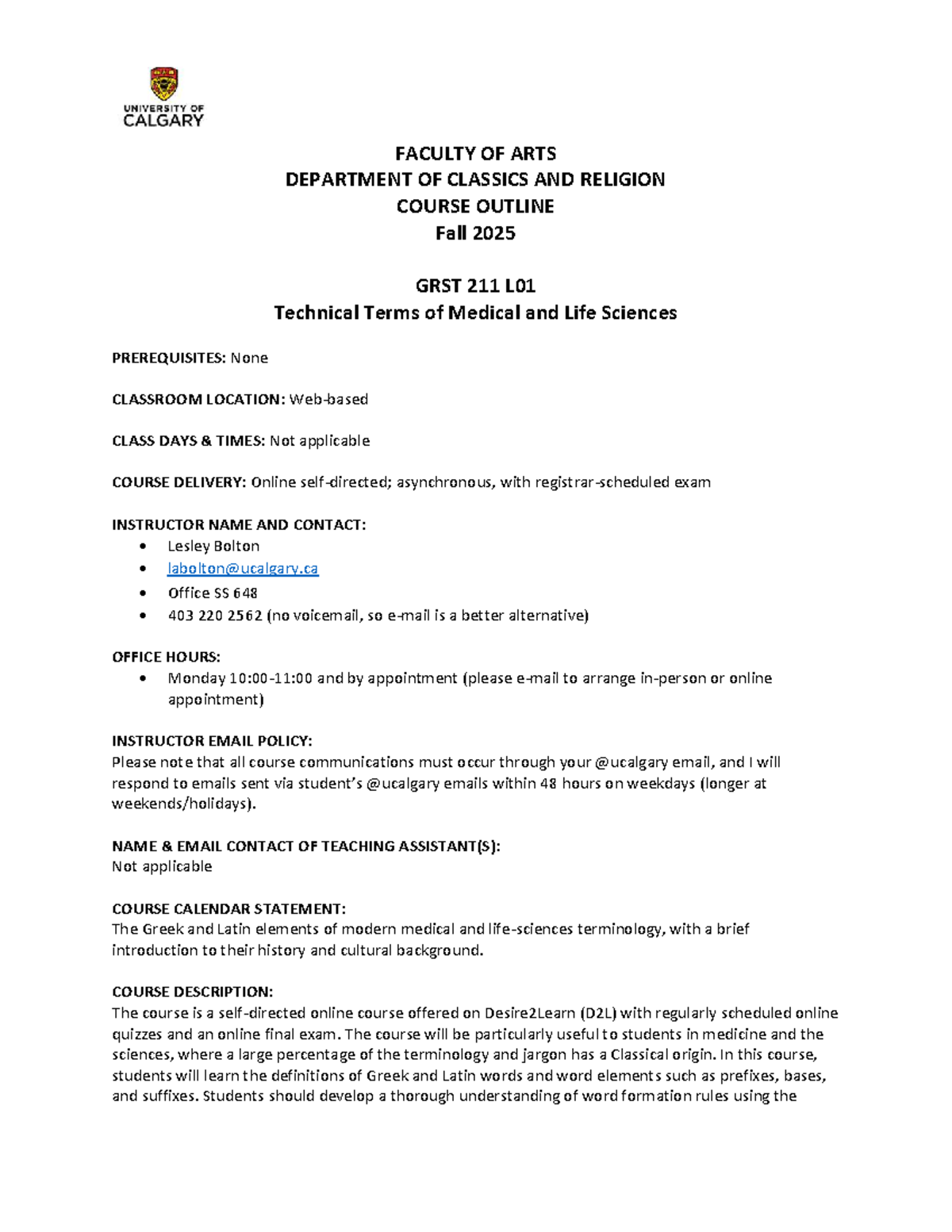 GRST 211 L01 Course Outline: Medical Terminology from Greek & Latin ...