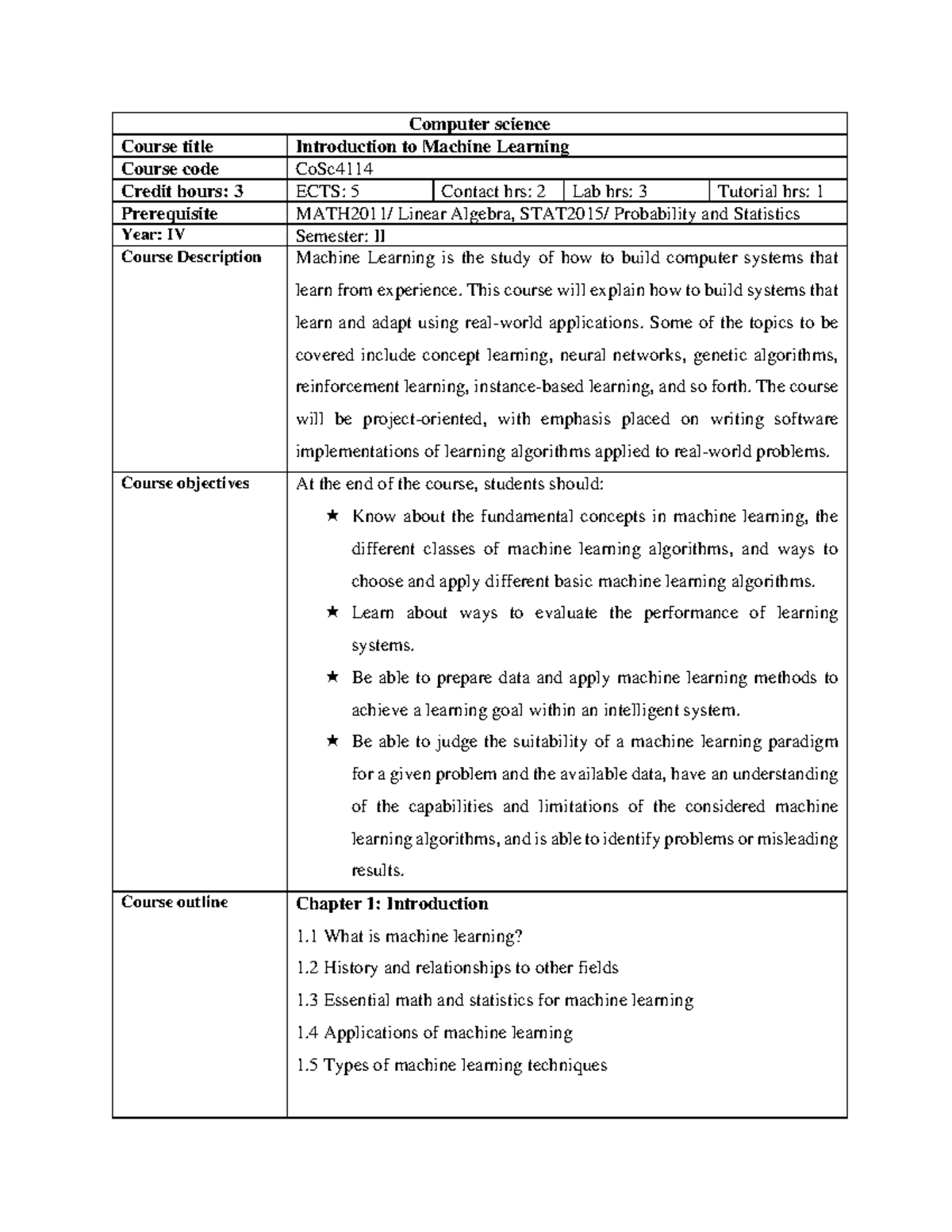 Machine Learning Course Outline - CoSc4114 - Studocu