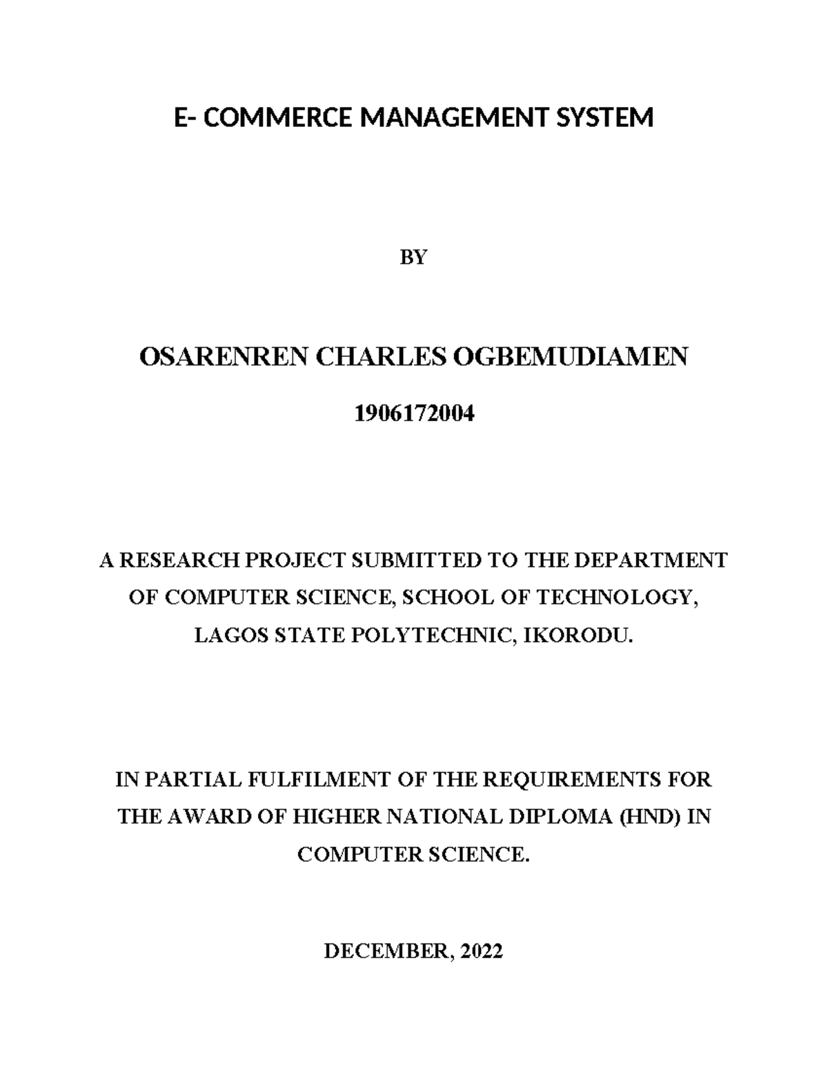 E-COMMERCE MANAGEMENT SYSTEM: A HND Research Project (CS 1906172004 ...