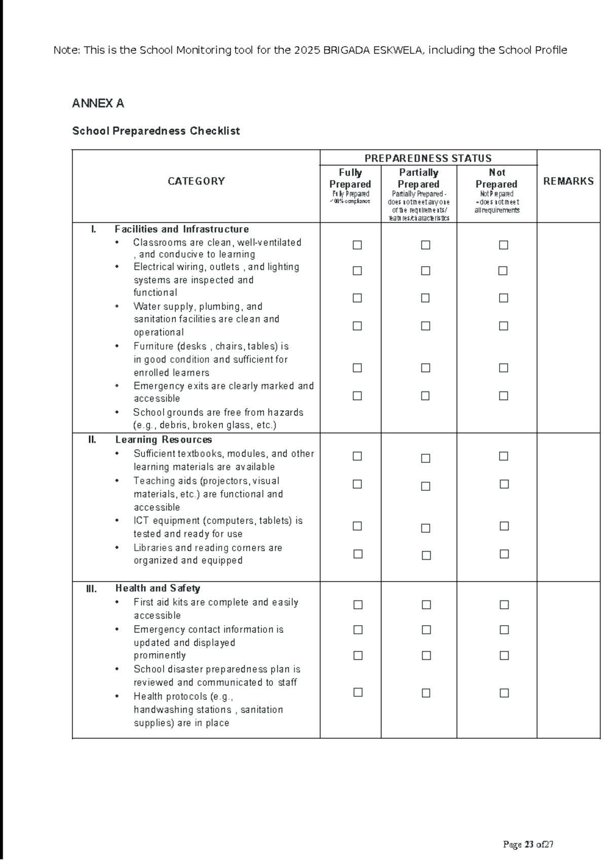 Brigada Eskwela 2025 Monitoring Tool: School Preparedness Checklist ...