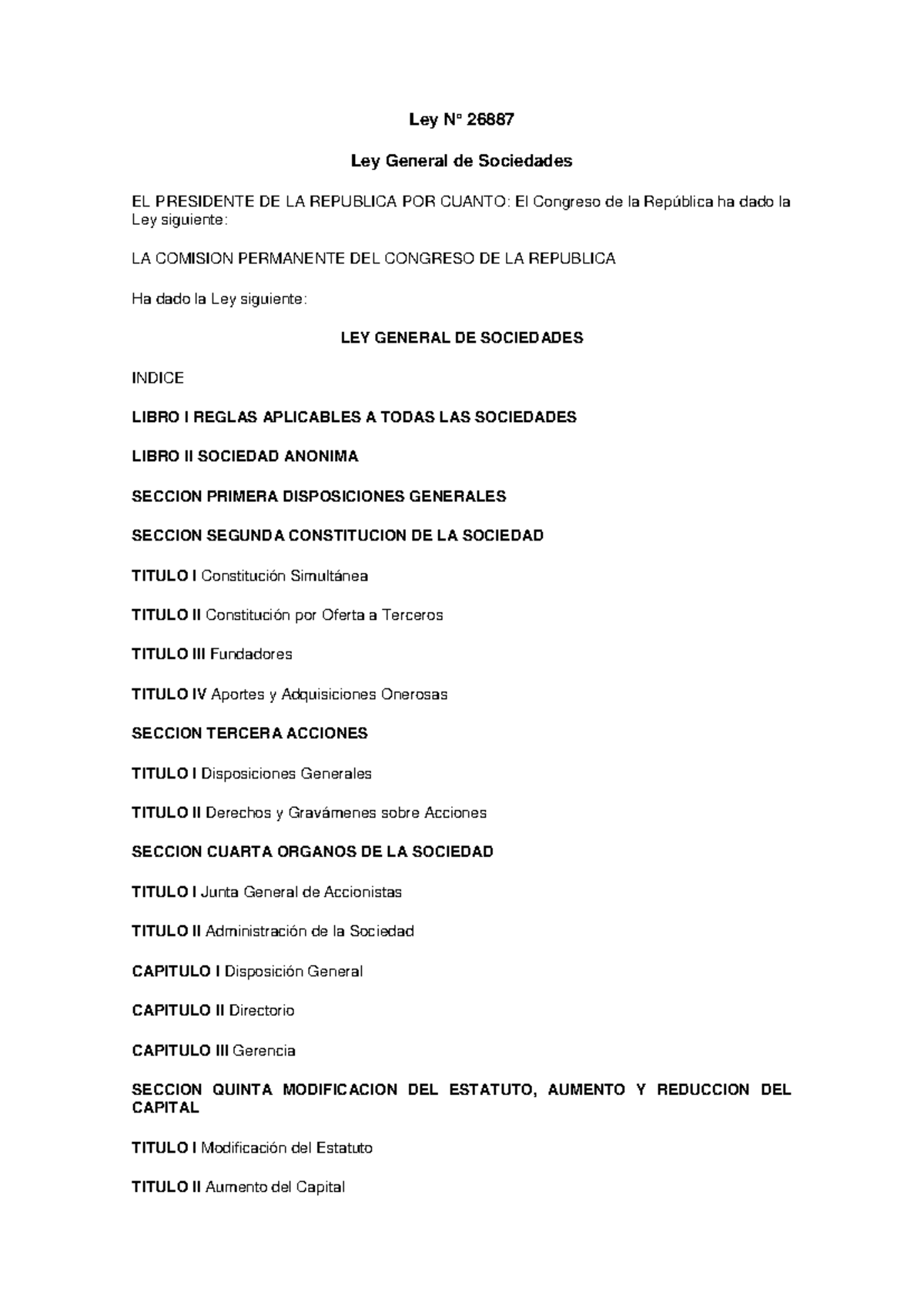 Ley 26887: Análisis de la Ley General de Sociedades en Perú - Studocu