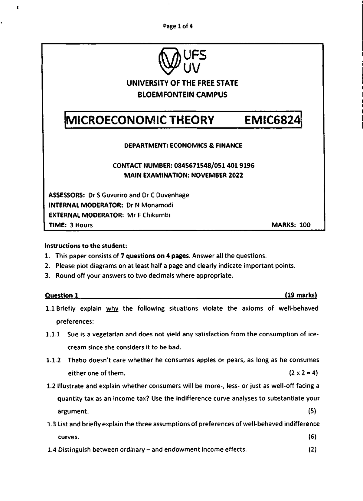Microeconomic Theory Final Exam EMIC6824 - November 2022 - Studocu