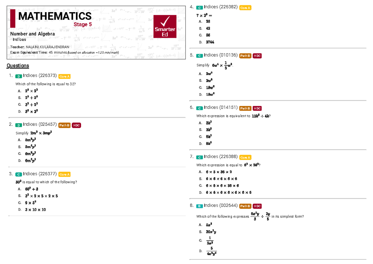 Mathematics C Indices Study Guide (226382) HSC Exam Prep - Studocu
