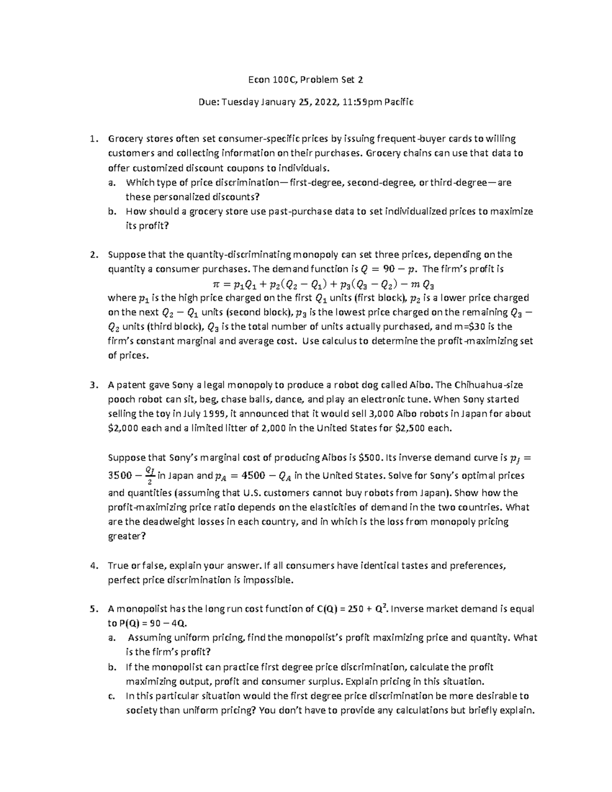 Problemset 2 - Problem Set 2 - Econ 100C, Problem Set 2 Due: Tuesday ...