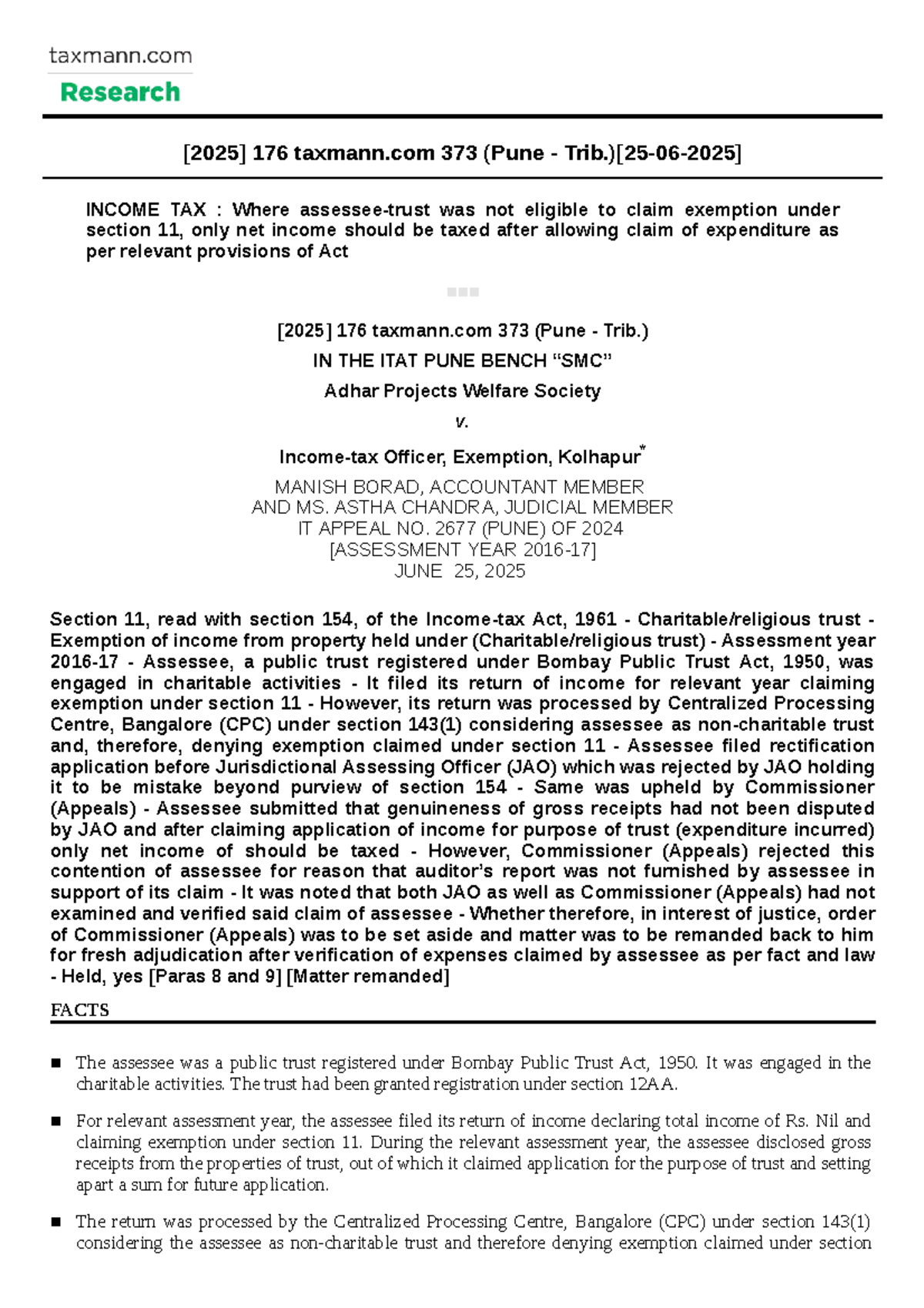 IT Appeal No. 2677 (PUNE) of 2024: Adhar Projects Welfare Society v ...