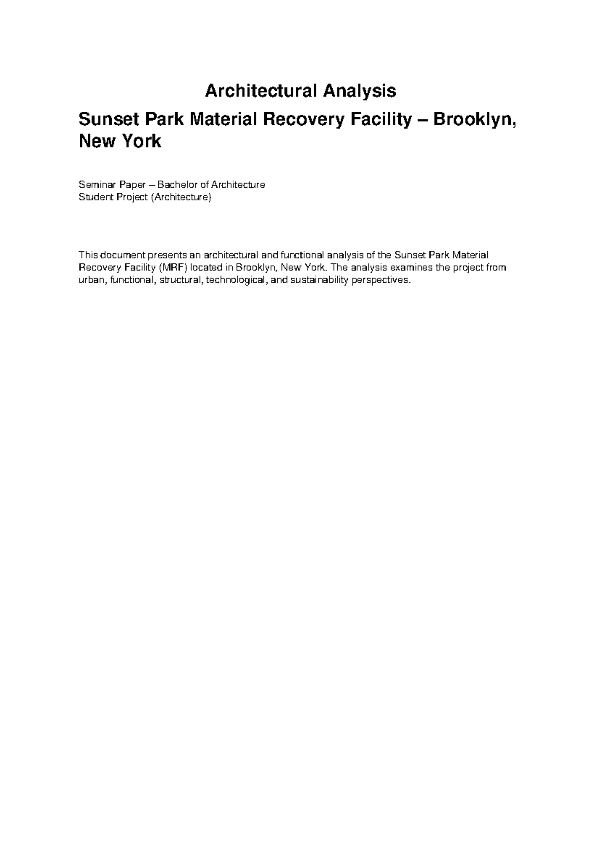 Architectural Analysis of Sunset Park MRF: A Sustainable Approach - Studocu