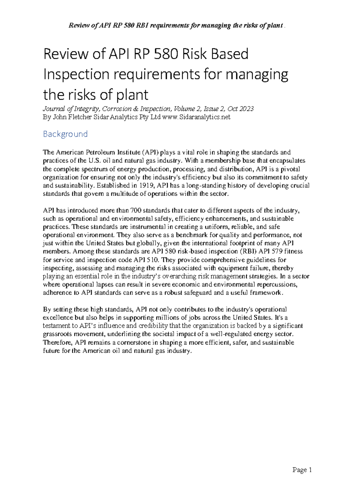 Review of API RP 580 RBI Requirements for Plant Risk Management - Studocu
