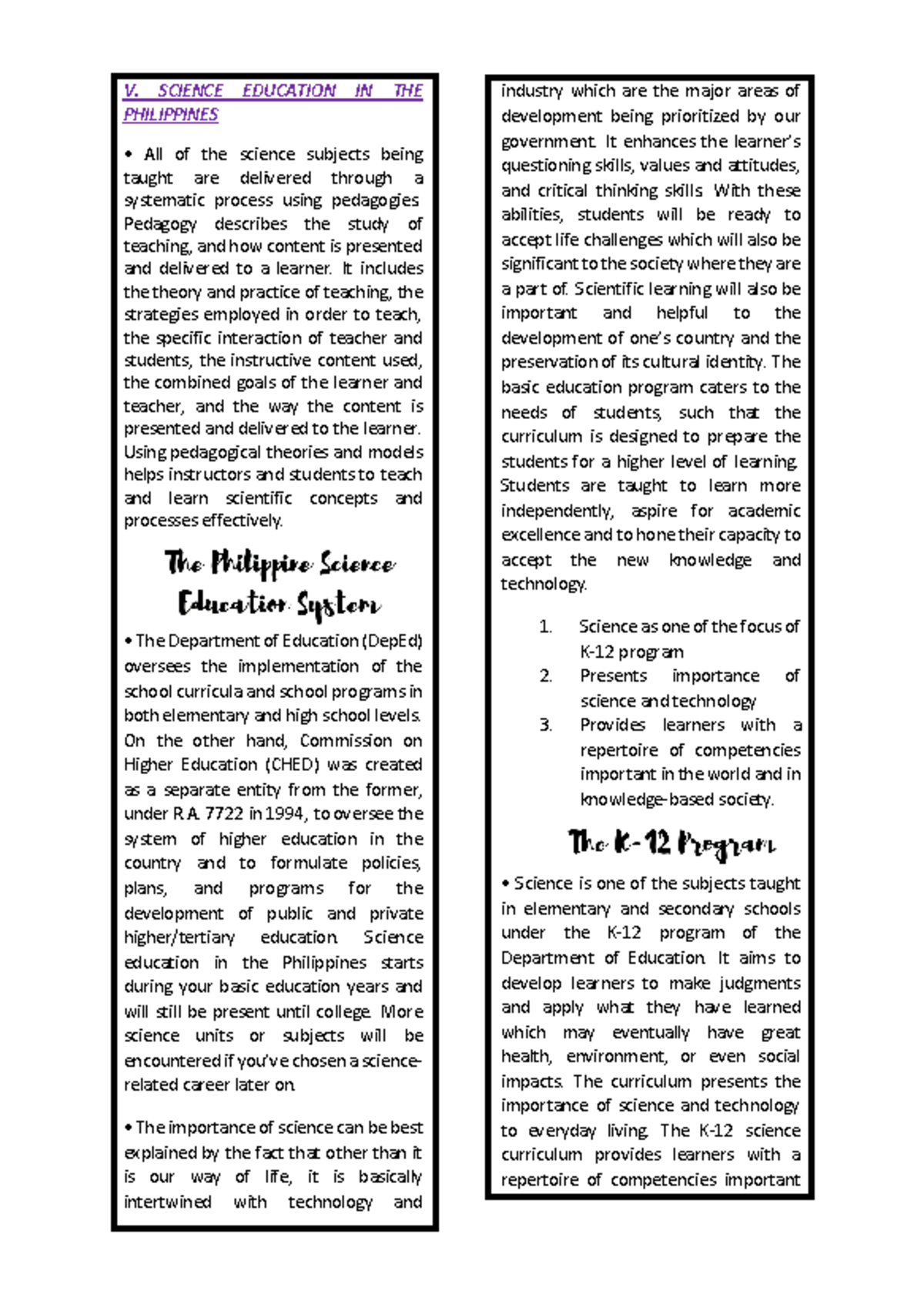 Sts lecture finals - V. SCIENCE EDUCATION IN THE PHILIPPINES All of the ...