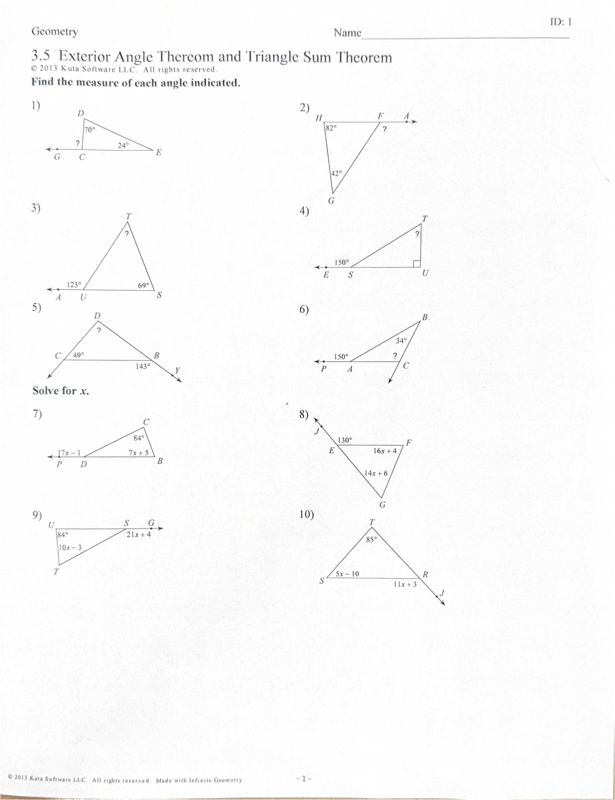 Geometry ID: 1 Triangle Angle Practice Problems - Exterior Angle & Sum ...