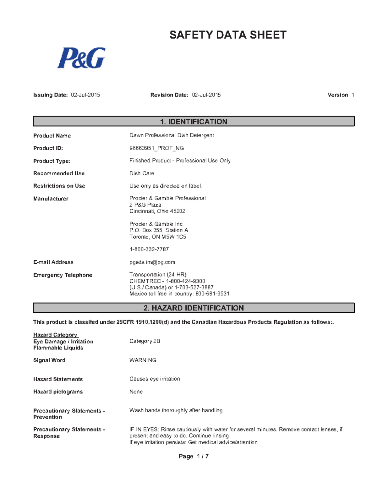Dawn Professional MSDS - 1. IDENTIFICATION Product Name Dawn ...