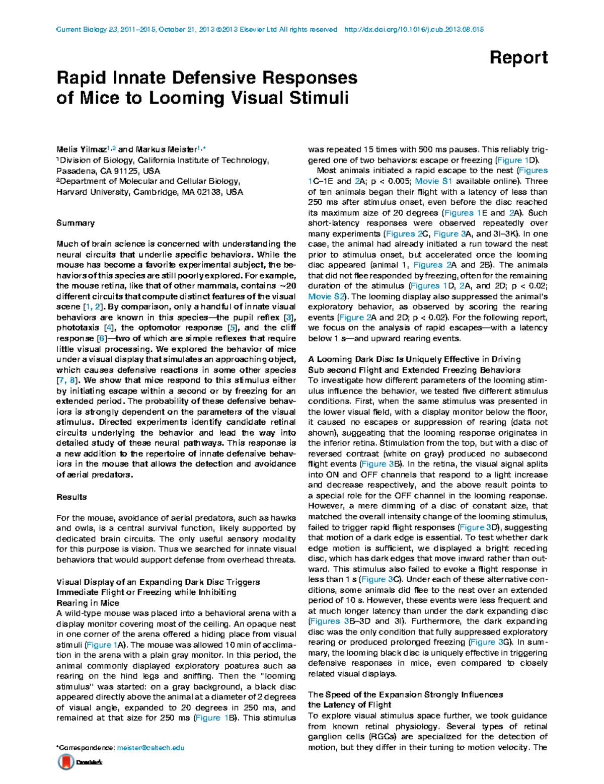 2013 BIOL 101 - Rapid Innate Defense Responses of Mice to Looming ...