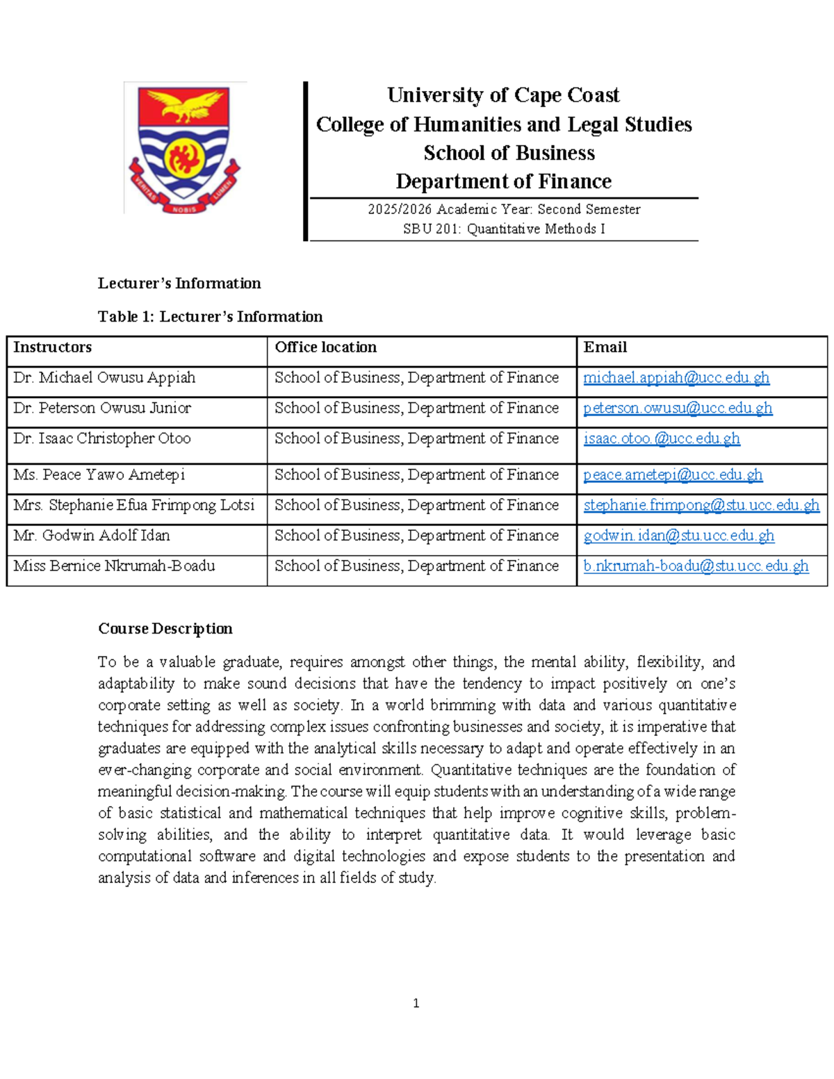 SBU 201: Quantitative Methods I - Course Outline 2025 - Studocu