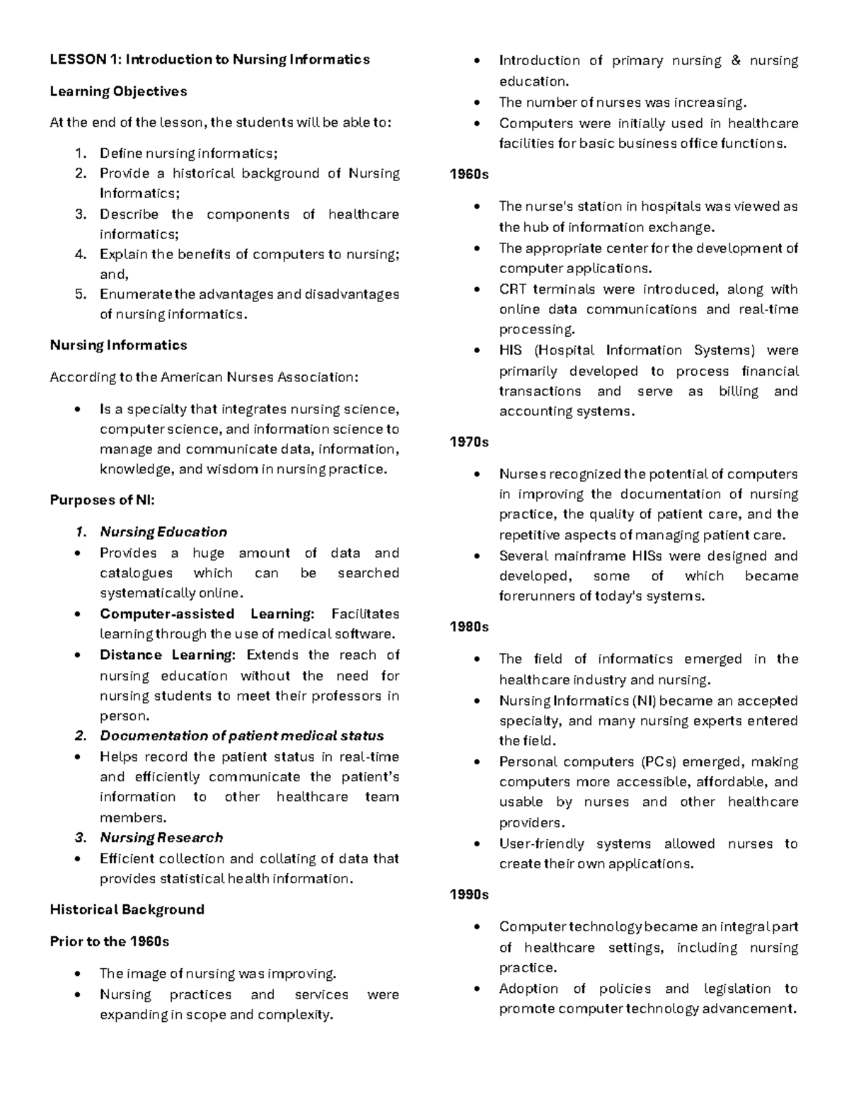 Nursing Informatics Overview: Lesson 1 - Introduction to NI (BSN) - Studocu