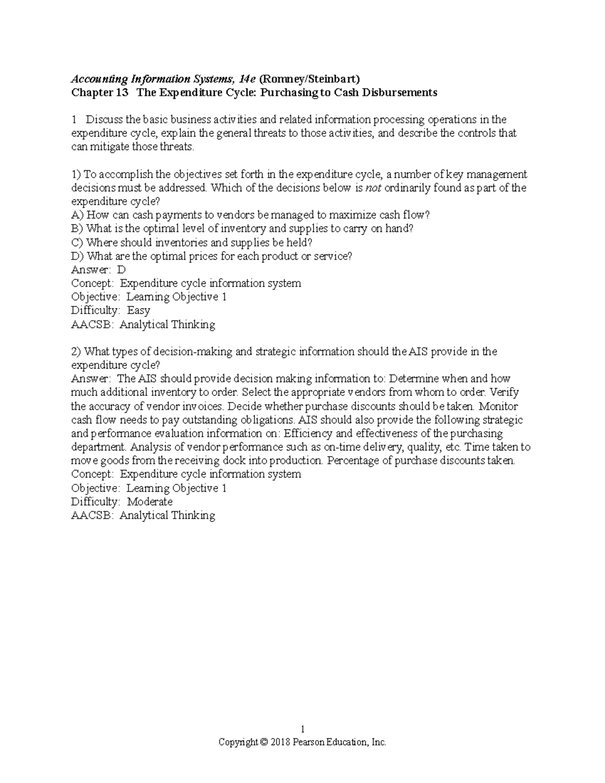 Chapter 13 - Expenditure Cycle Insights & Test Bank (Romney AIS) - Studocu