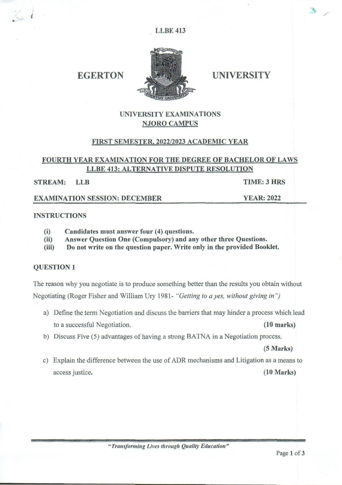 LLBE 413 Alternative Dispute Resolution Exam December 2022 - Studocu
