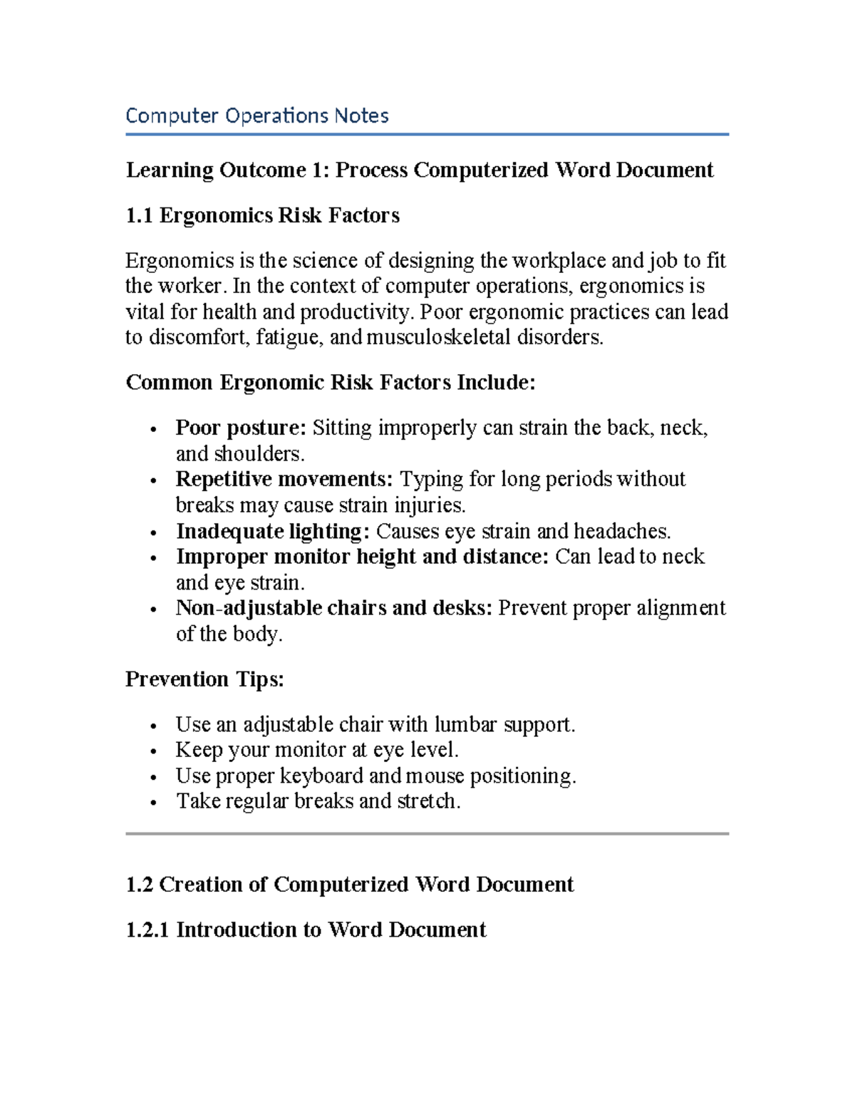 Computer Operations Notes: Ergonomics & Word Document Creation - Studocu