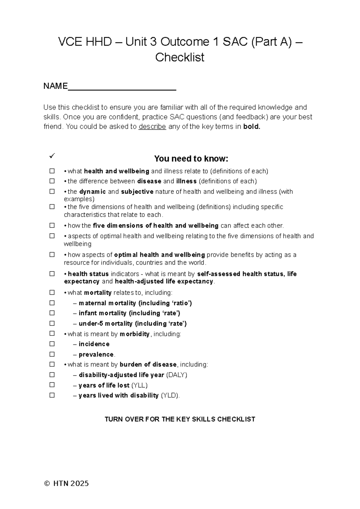 VCE HHD Unit 3 SAC 1 (Part A) Knowledge & Skills Checklist - Studocu